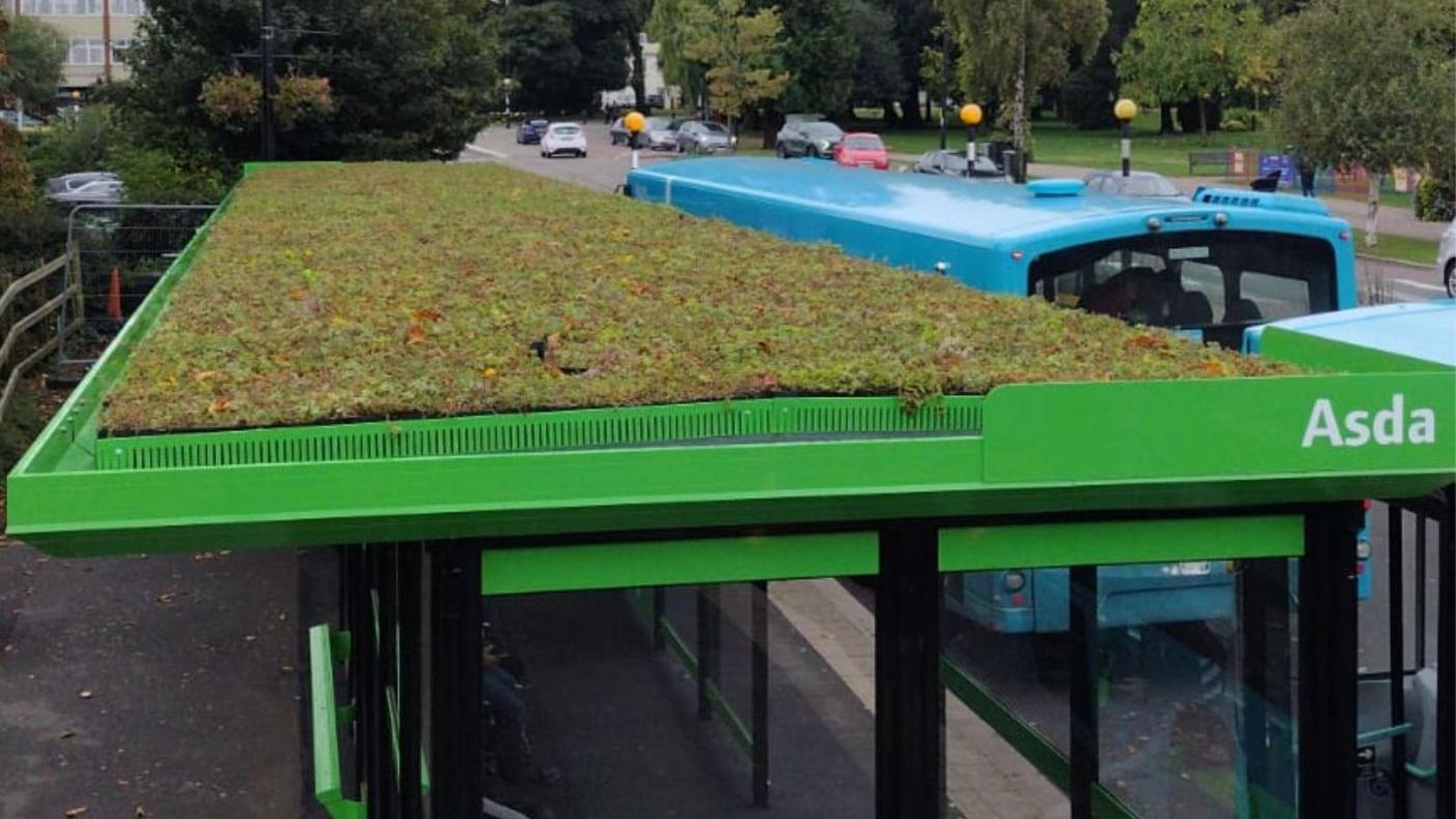 The top of a bus shelter with a "living roof" of green and brown flora, and a turquoise bus on the road.