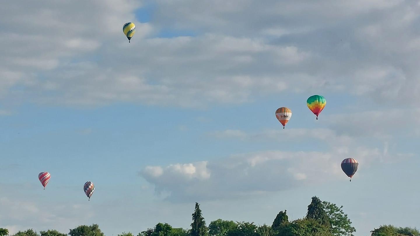 A blue sky with some white clouds and the top of trees line the bottom. In the sky are six hot air balloons scattered. All different colours.