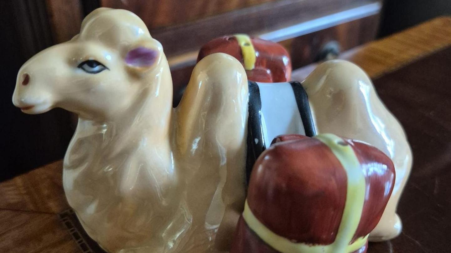 Camel-style salt and pepper pots sit on a table.