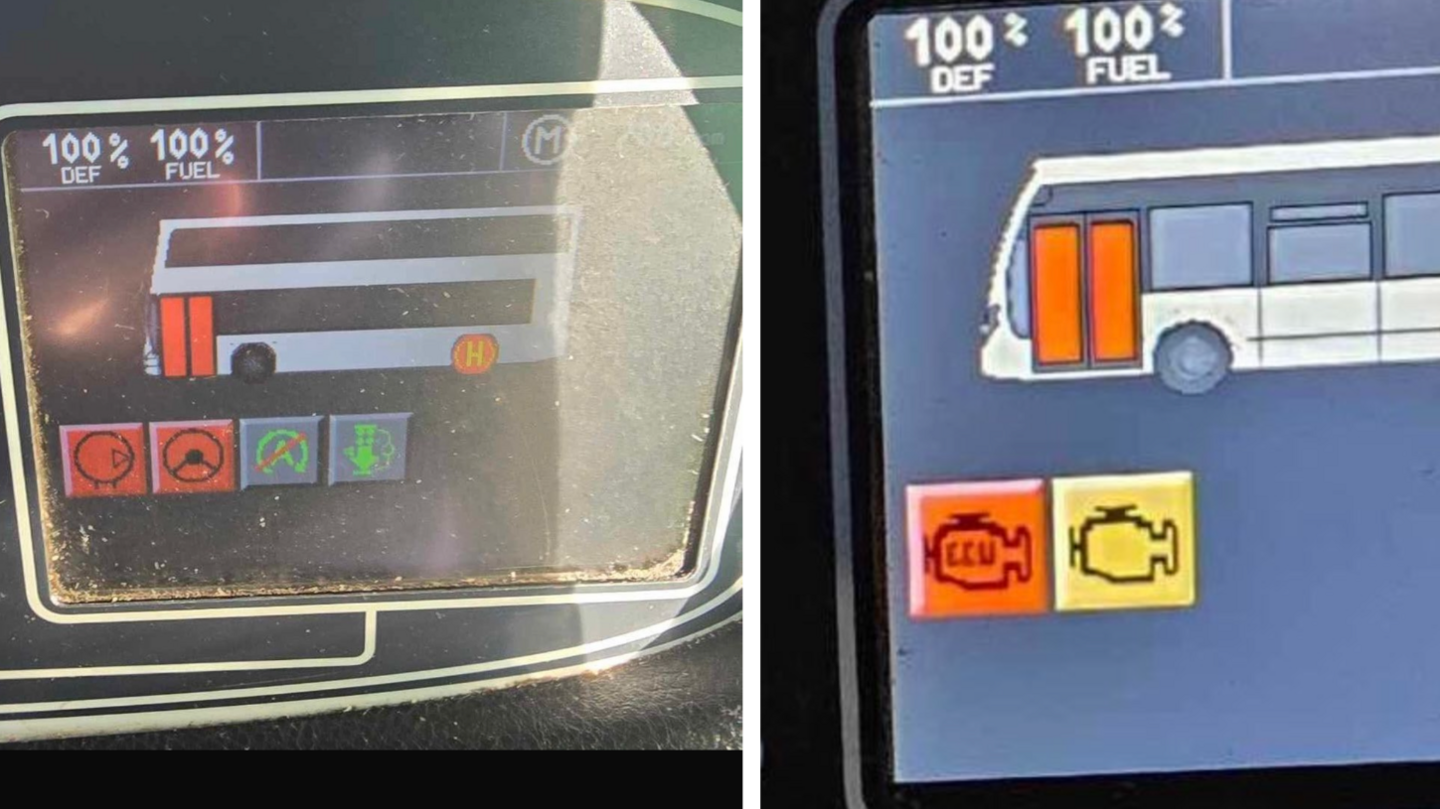 Two dashboards from a Go North East bus display red and amber warning lights. One of the lights spells the word ECU.