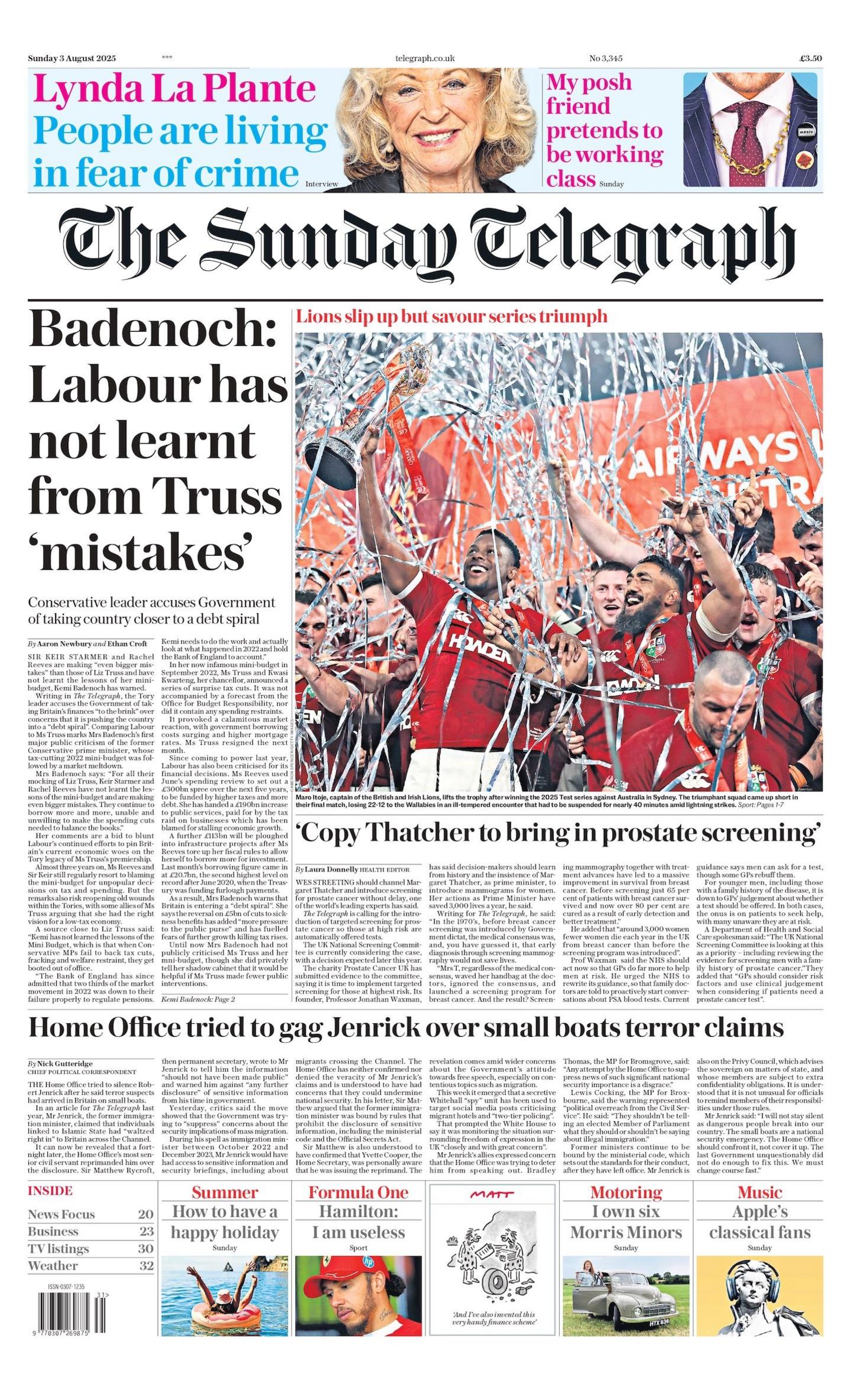 "Badenoch: Labour has not learnt from Truss 'mistakes'," reads the headline on the front page of The Sunday Telegraph.