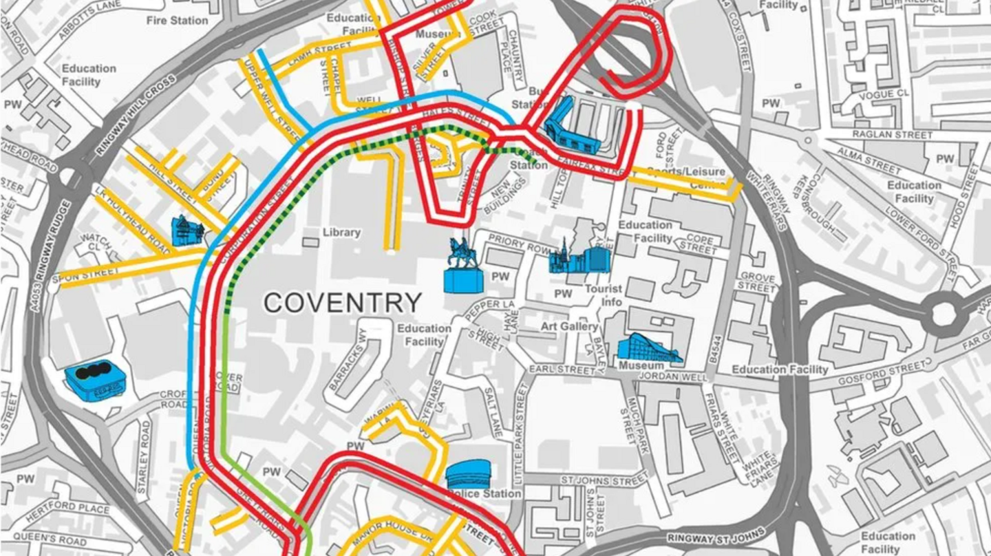 A map showing some streets in Coventry highlighted in red or yellow