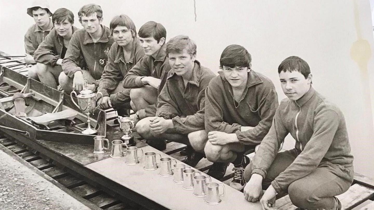 The Sir Thomas Rich's school students after winning the Boston Marathon rowing competition.