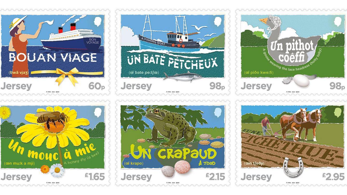 Six stamps depicting different phrases in the Jerriais language. The illustration on the top left is a woman with a white hat and wearing a brown dress looking out to a large ship on water. The top middle is of a light and dark blue shipping boat on water with a blue sky behind. The top right is of a geese wearing a hat. The bottom left is of a yellow flower with a brown and black bee. The bottom middle is of a toad on water with green leaves in the top right. The bottom right is of a person ploughing a field with two horses in front.