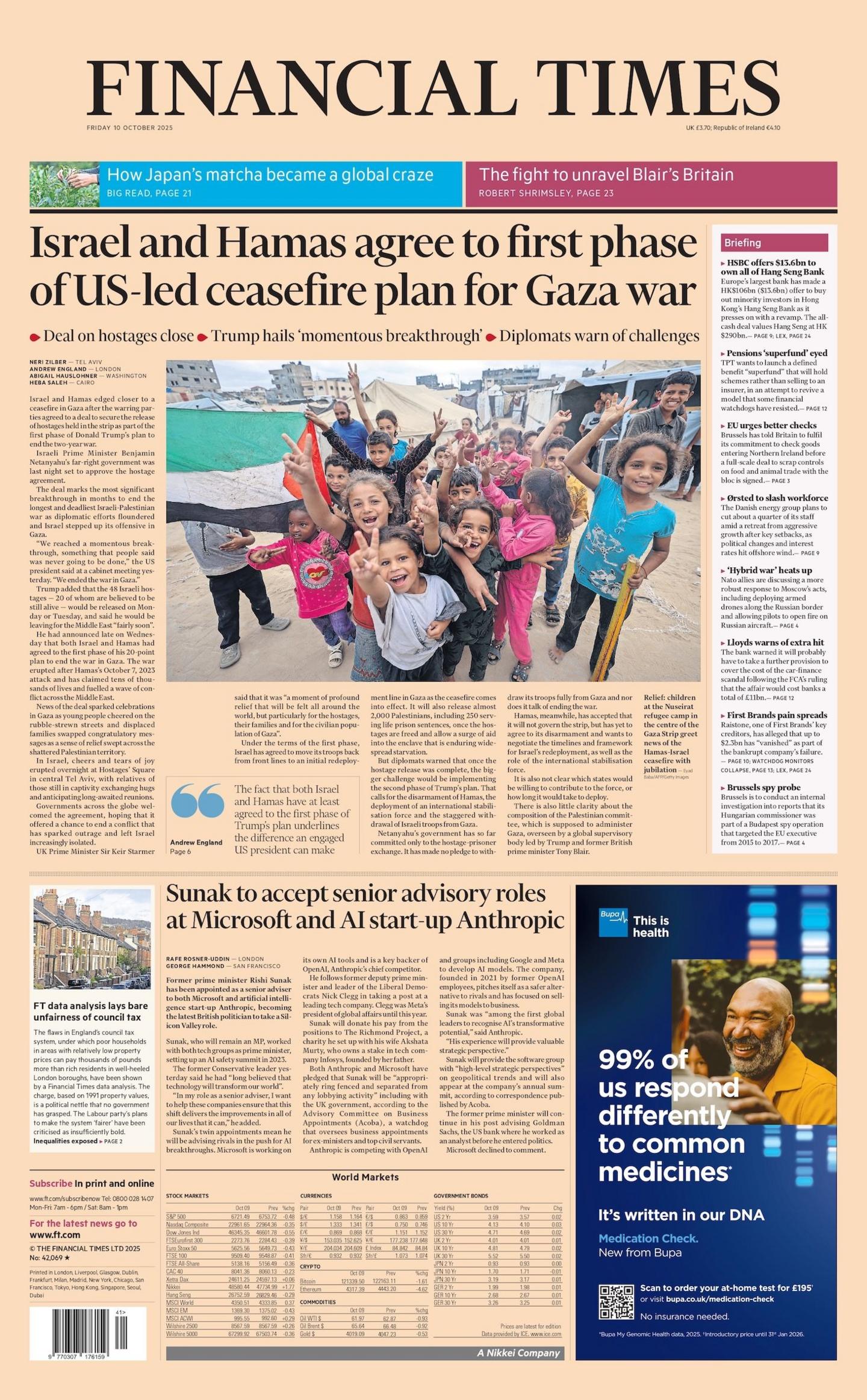 "Israel and Hamas agree to first phase of US-led ceasefire plan for Gaza war" reads the headline on the front page of the Financial Times.