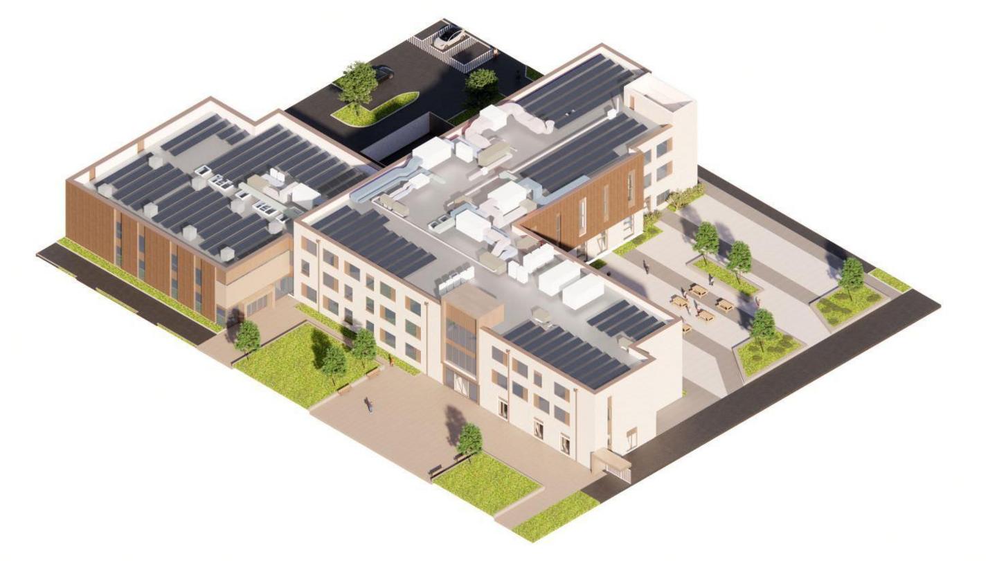 An illustrative image of the proposed new secondary school in Alconbury Weald. It is in a "T" shape with a courtyard area and a car park.