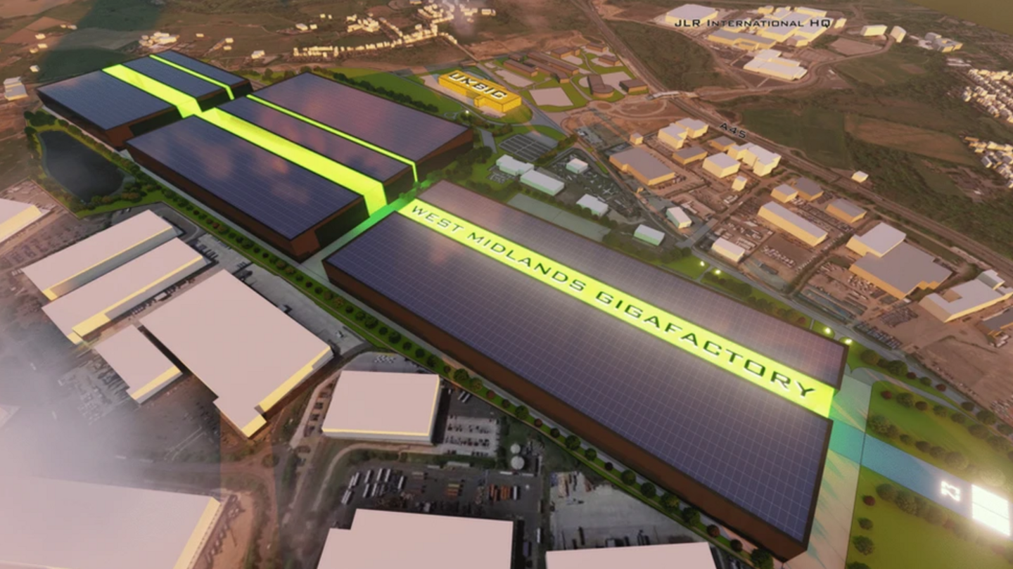 A CGI of the West Midlands Gigafactory. It is a bird's eye view of a large, futuristic looking factory. It is surrounded by lots of other buildings.