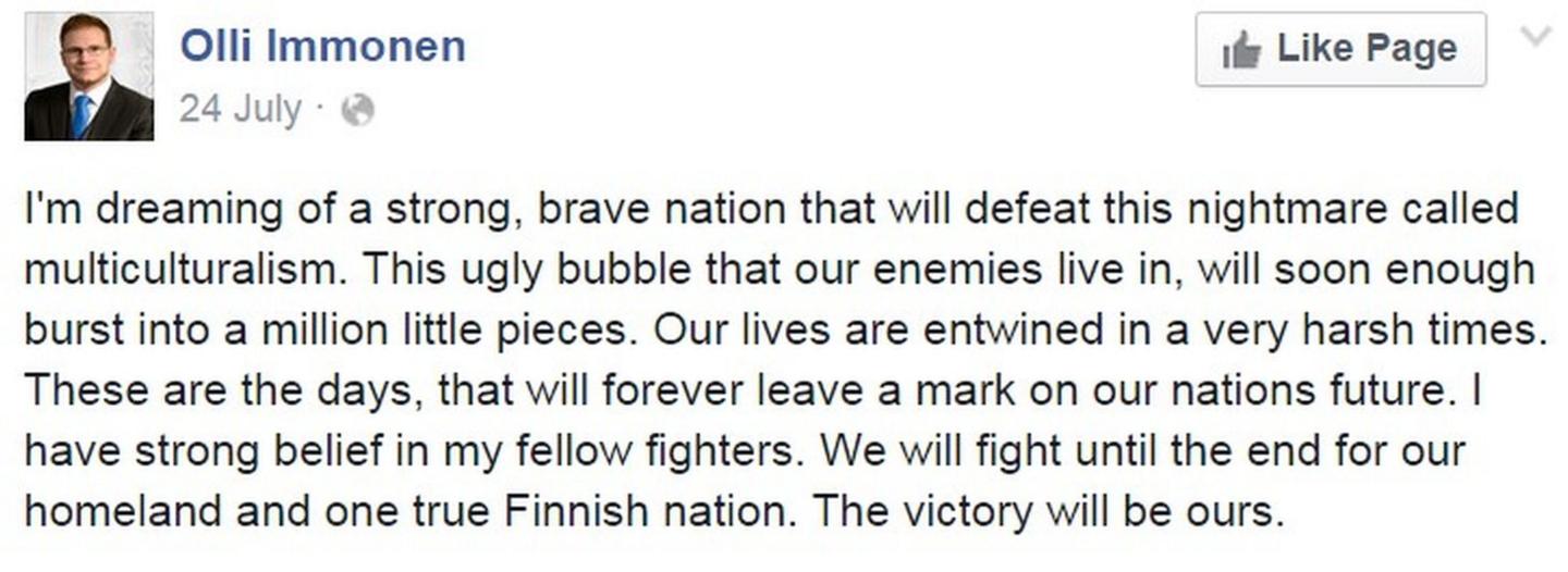 Facebook post by Finnish MP Olli Immonen - 24 July 2015