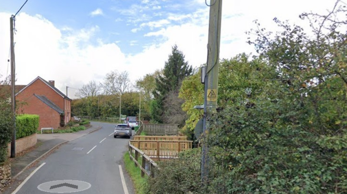 A residential street with a wooden pole on the right and bushes and cars on the right of the road and a red brick house on the left.