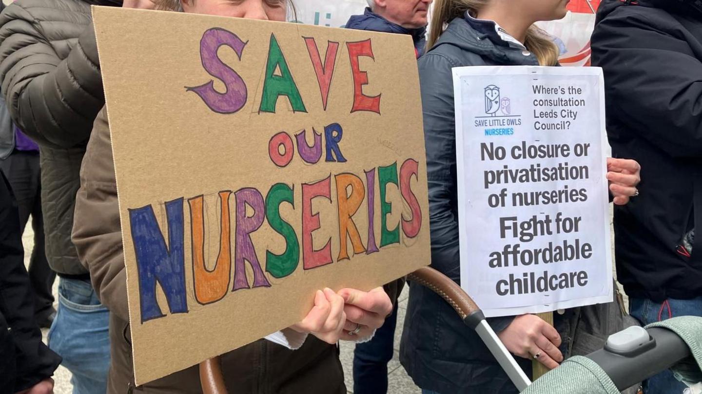 Save our nurseries signs at Leeds protest