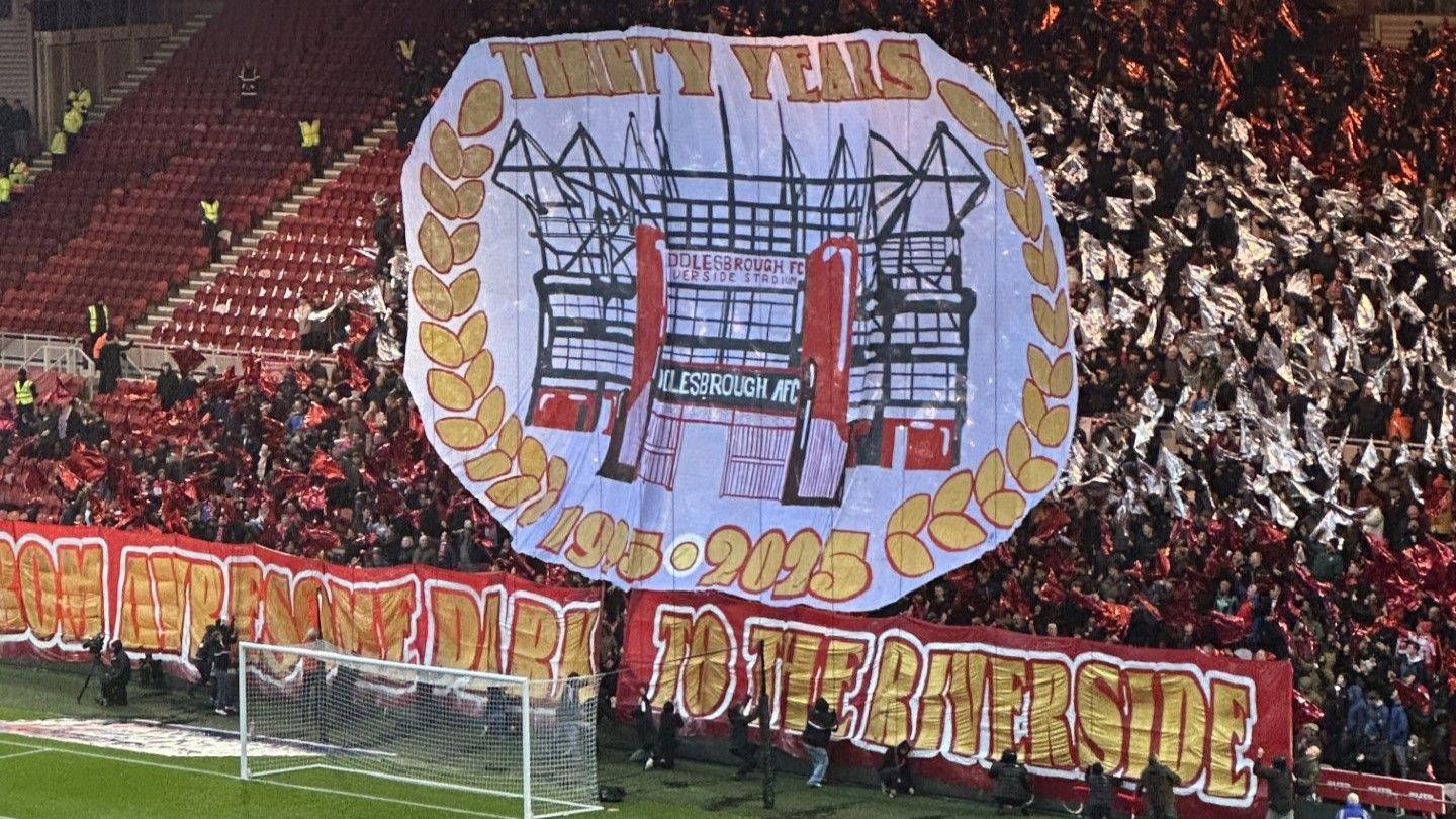 RIverside 30 years tifo behind the goal at Middlesbrough v Derby