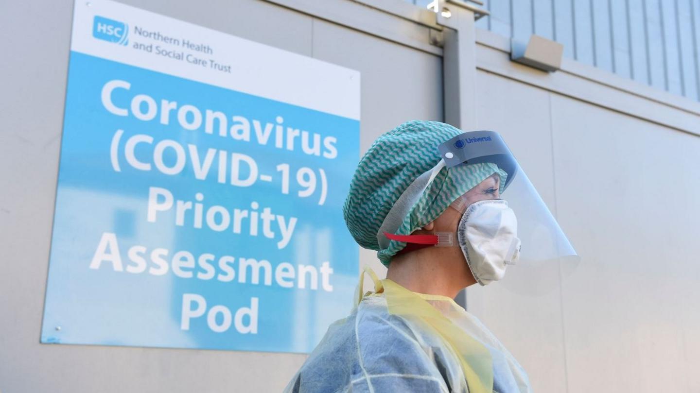 An A&E nurse during a demonstration of the coronavirus pod and Covid-19 virus testing procedures set-up at Antrim Area Hospital in Northern Ireland