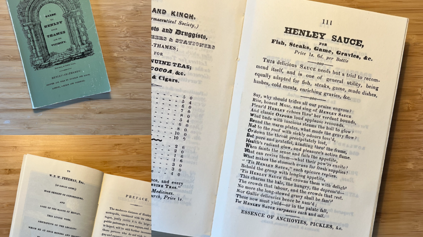 Photograph of pages from the old guide book, including the advert for Henley Sauce which is written in prose. The green cover of the book is in the top left of the image and is illustrated with an ornate stone arch. 