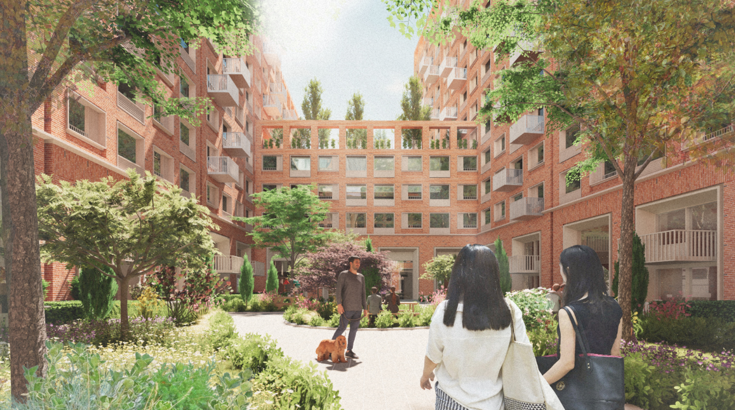 A drawing of red brick flats with trees scattered around and people walking in a courtyard in the foreground