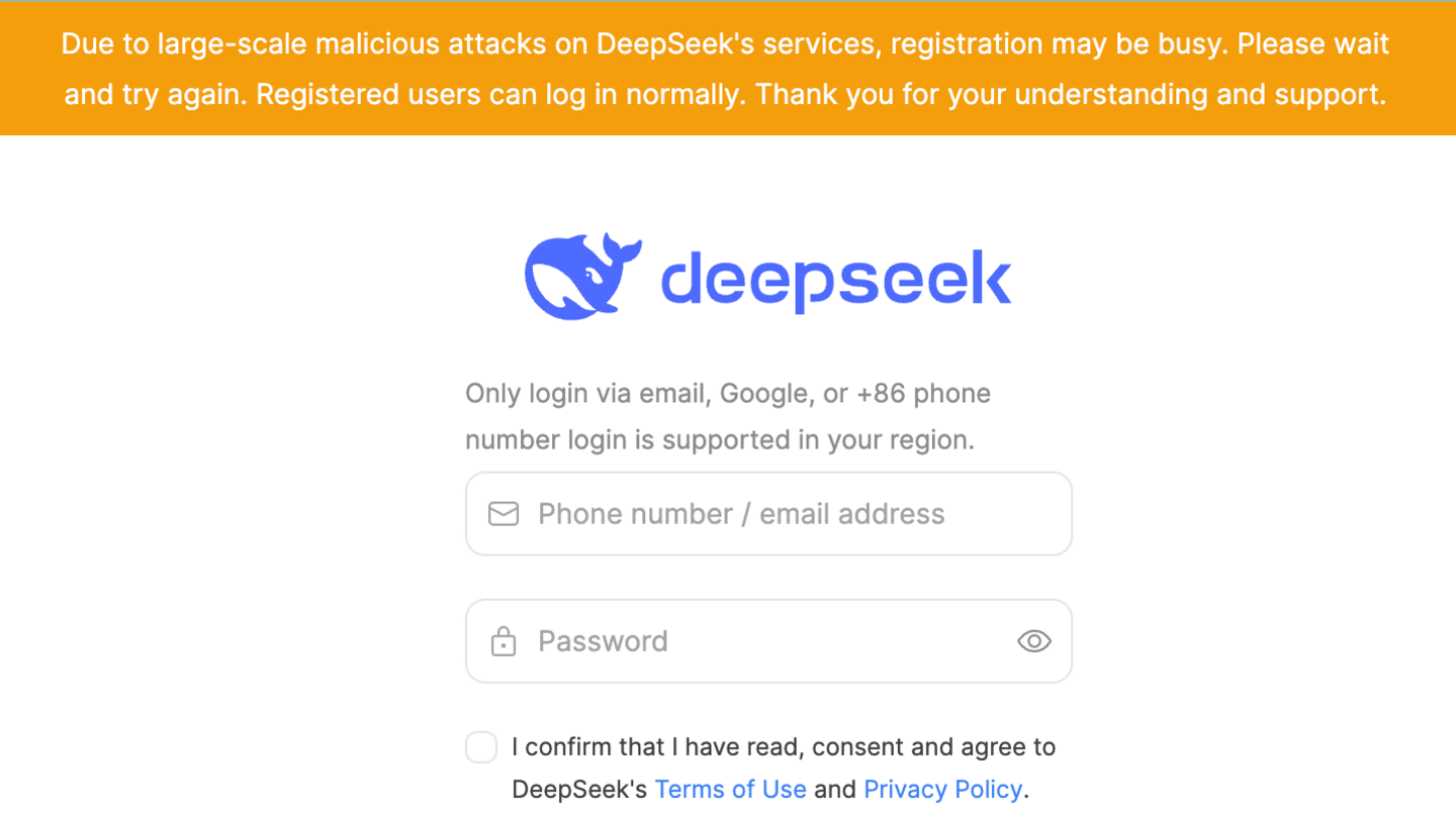 Banner on DeepSeek's website says the company is facing 'large-scale malicious attacks'