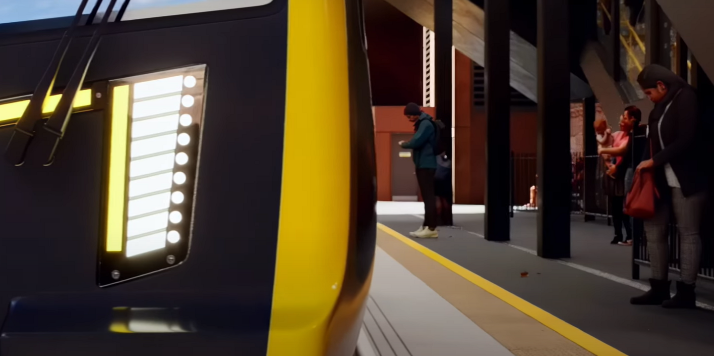 A CGI image of the front of a train pulling up at the platform of the planned Baltic station in Liverpool