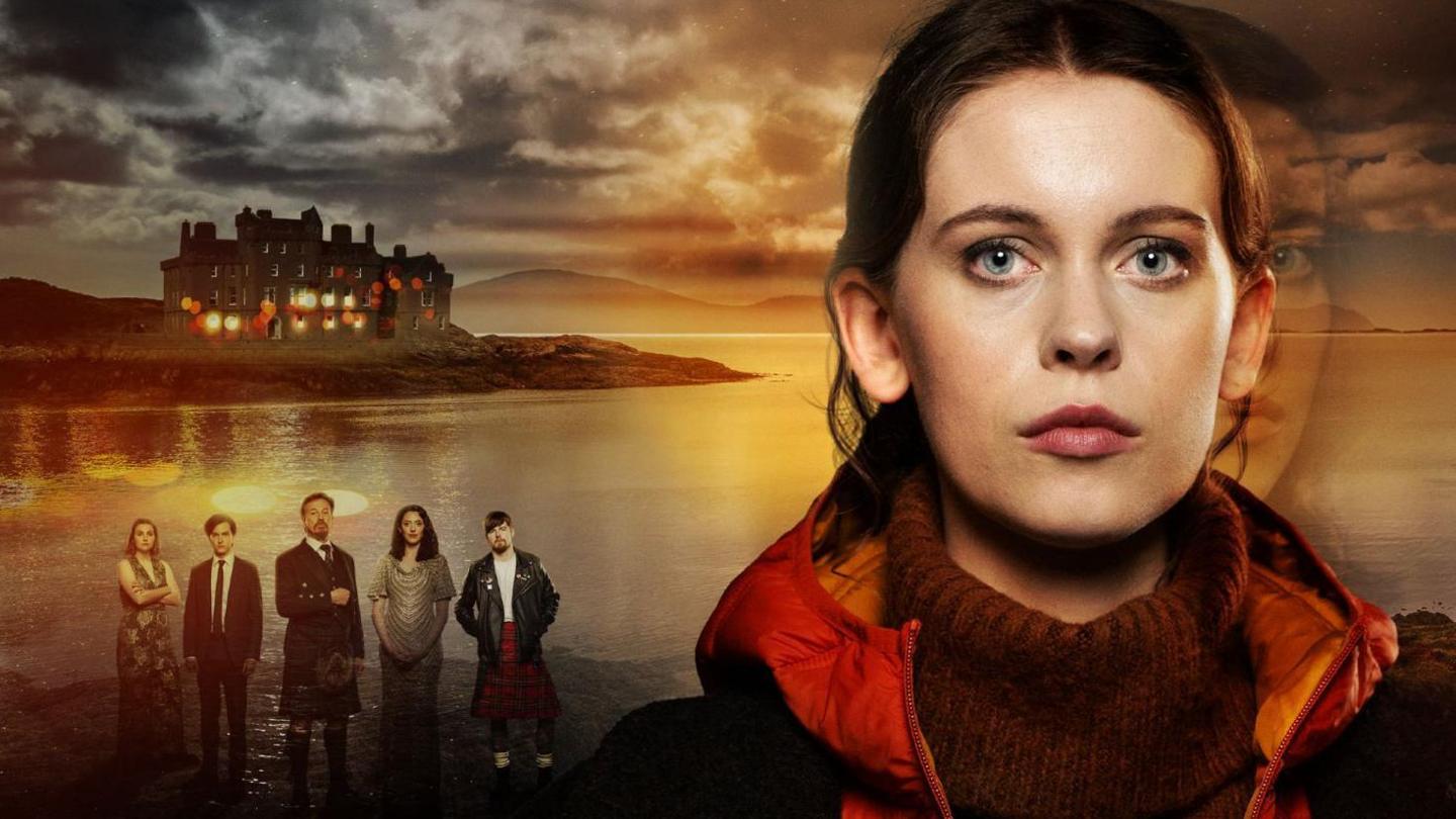 A stylised image showing Sorcha Groundsell's character close up with other cast members behind her. In the background is a castle with lights on in the windows of the lower floors.