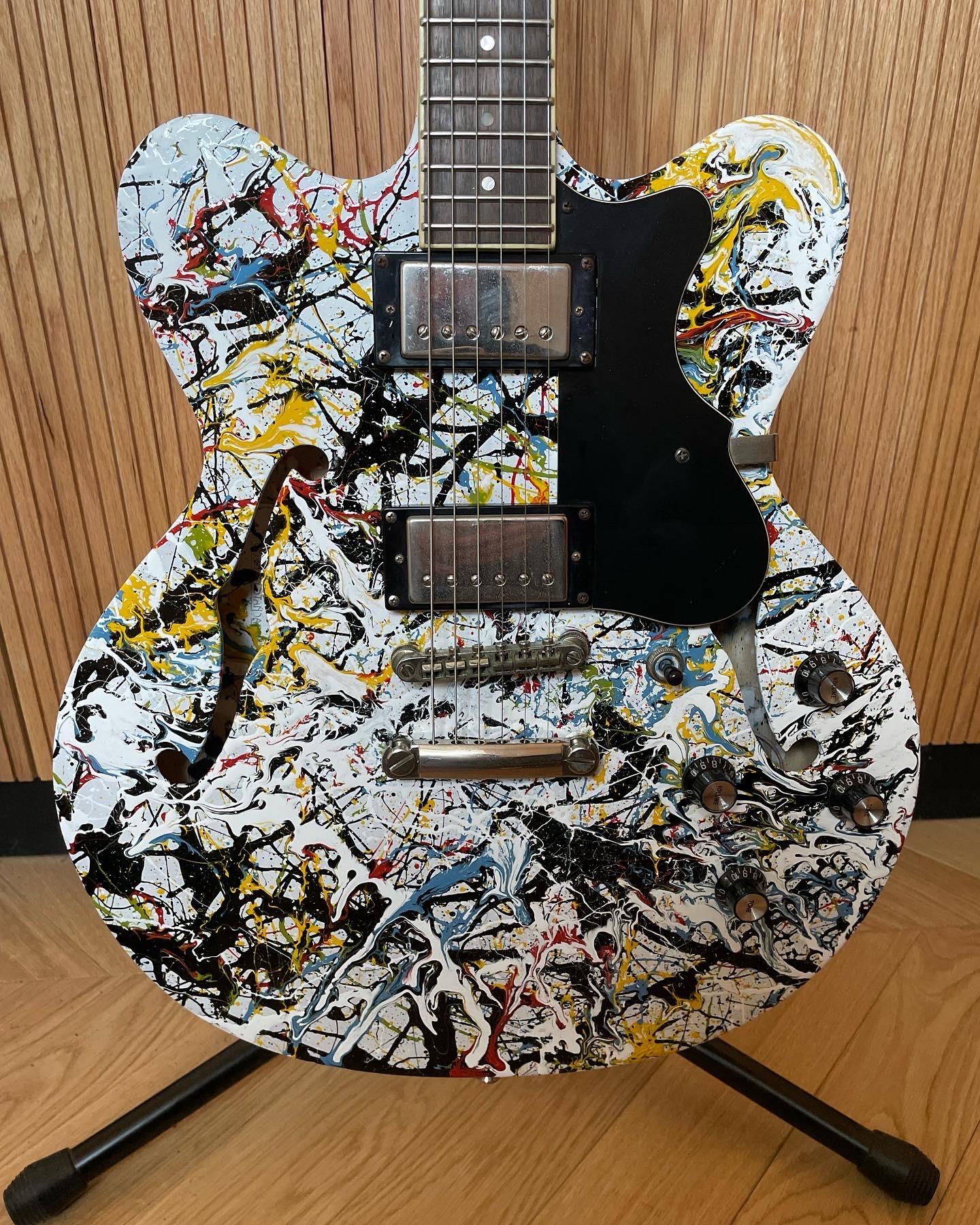 John Squire; Pollock Hofner Number 3. Jackson Pollock inspired painted and signed Hofner guitar