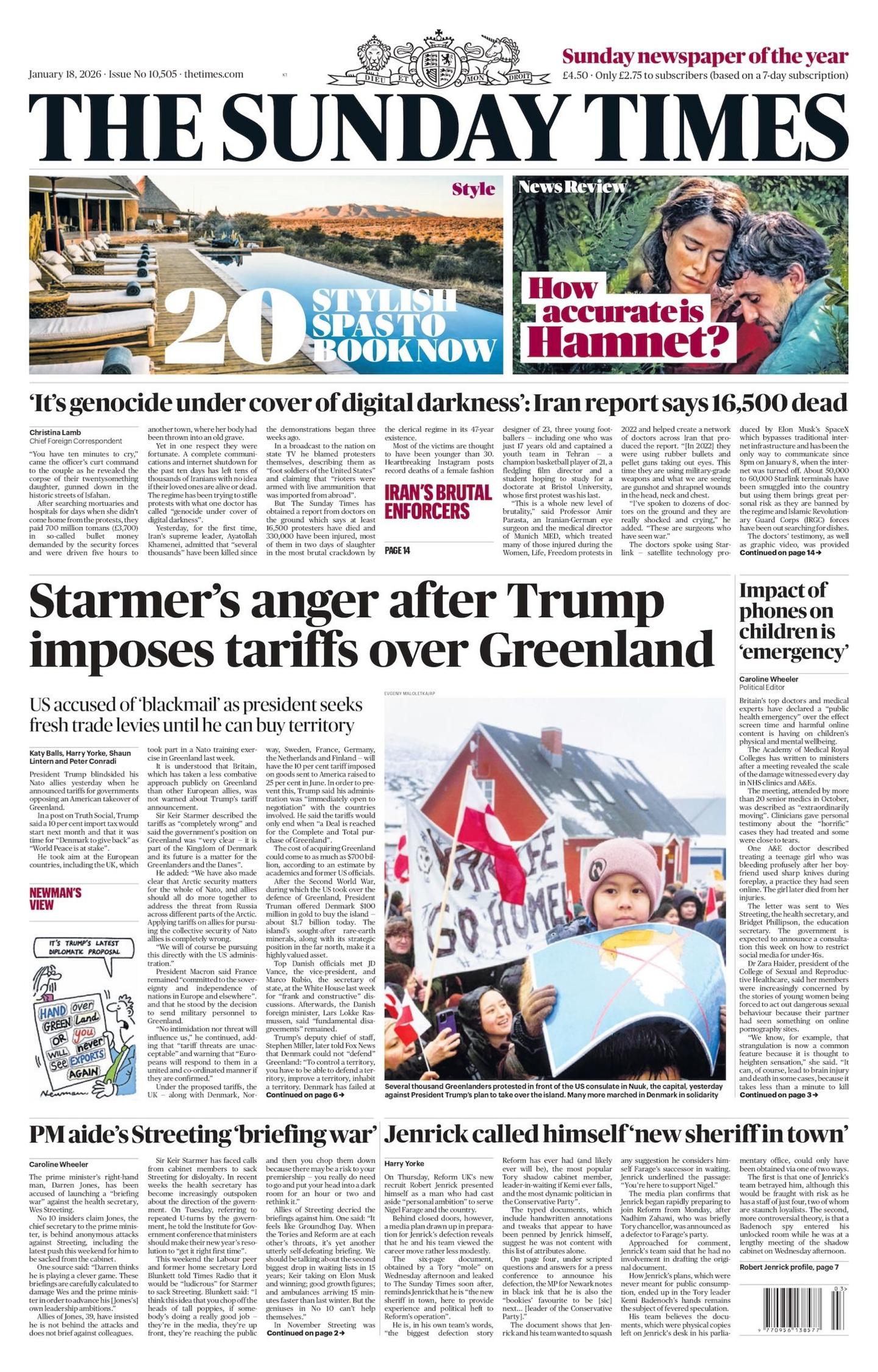 “Zemërimi i Starmer pasi Trump vendos tarifa ndaj Greenalnd”, thuhet në titullin kryesor të faqes së parë të Sunday Times.
