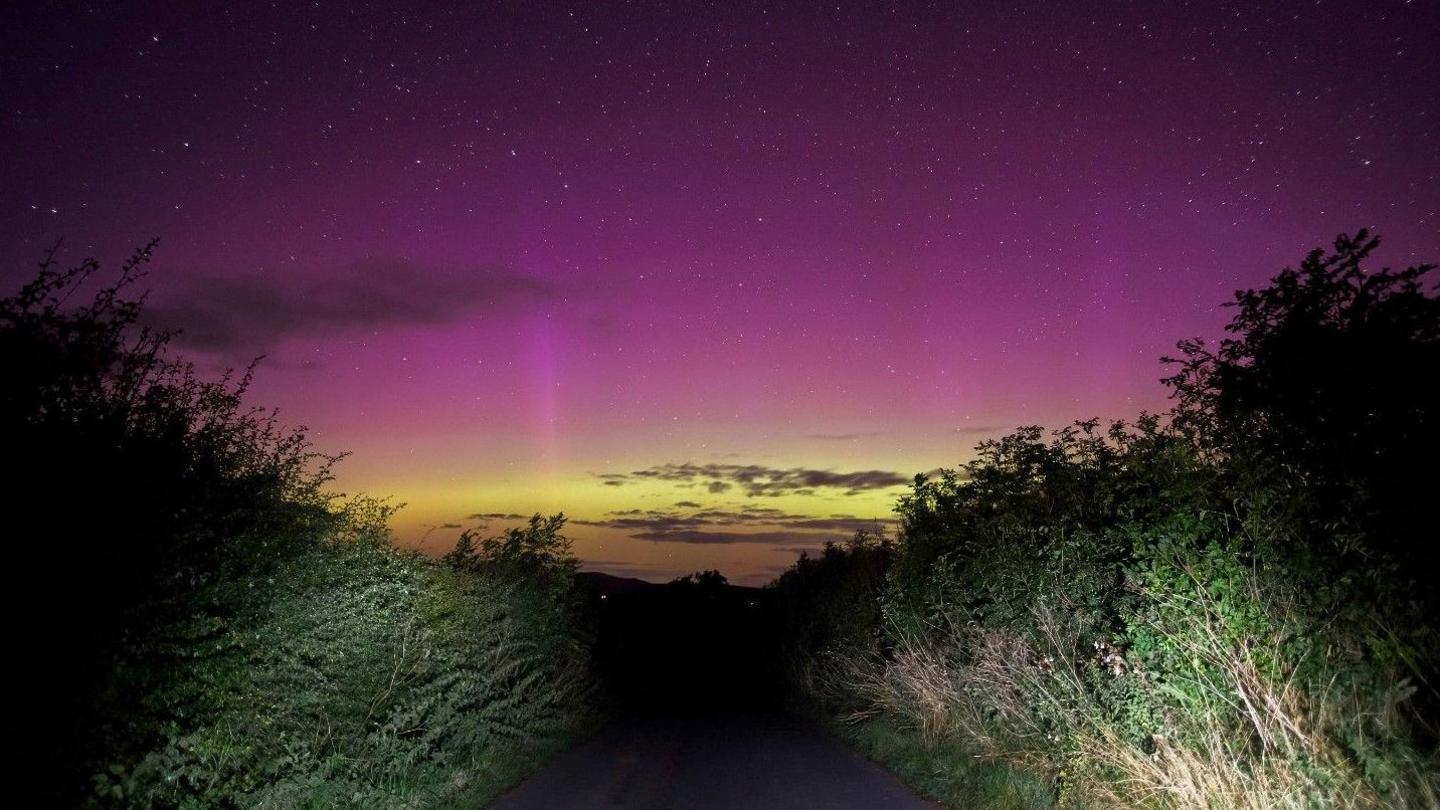 A lane with the northern lights visible between the gap. The sky is mostly pink with yellow on the horizon 