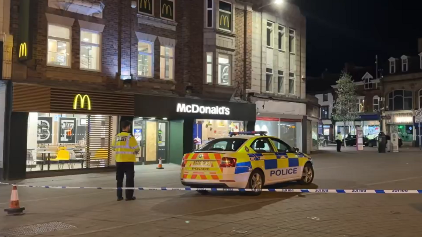A police cordon in Loughborough town centre outside a McDonald's branch
