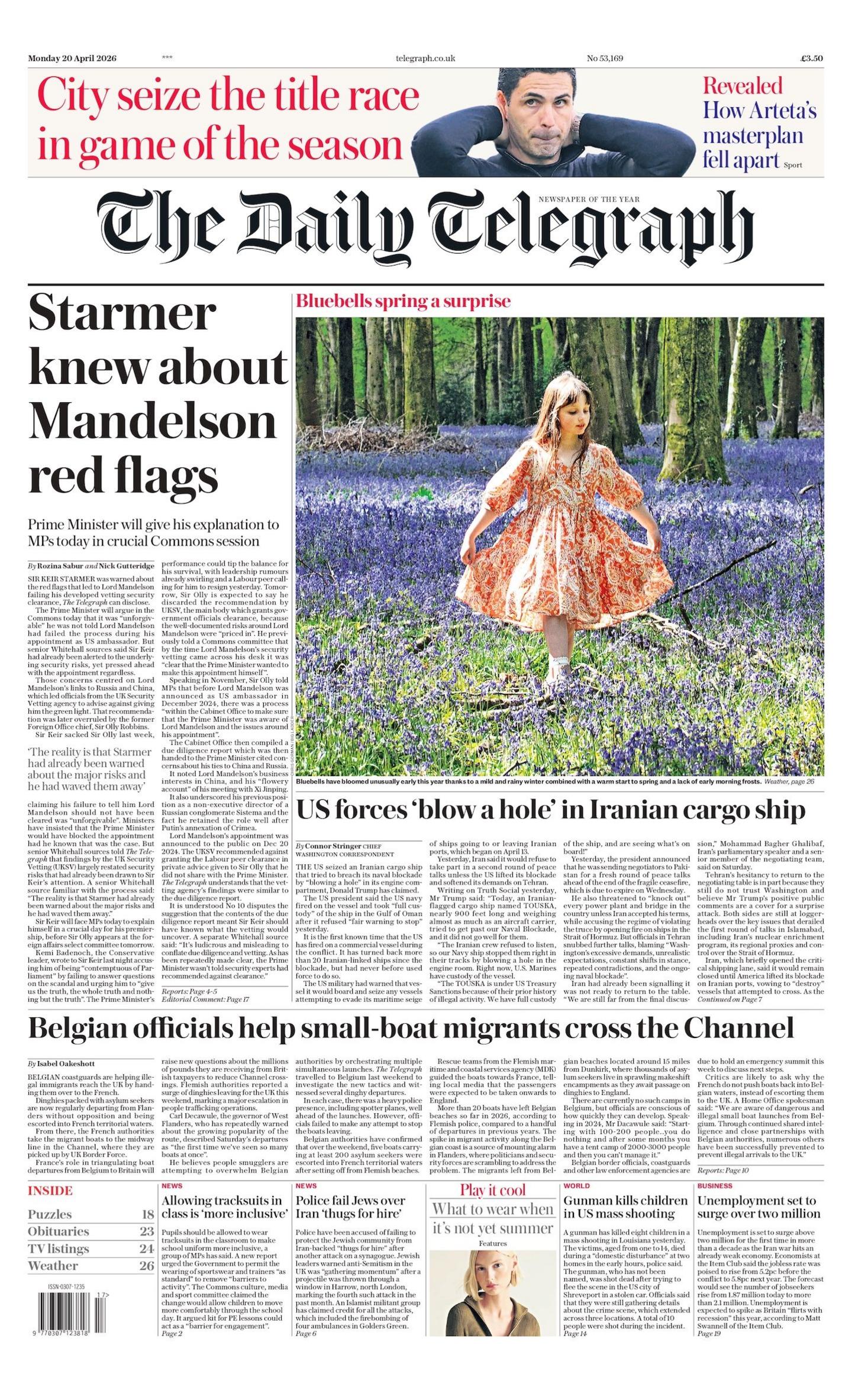 "Starmer dinte për sinjalet e Mandelsonit", shkruhet në titullin kryesor në faqen e parë të Daily Telegraph.