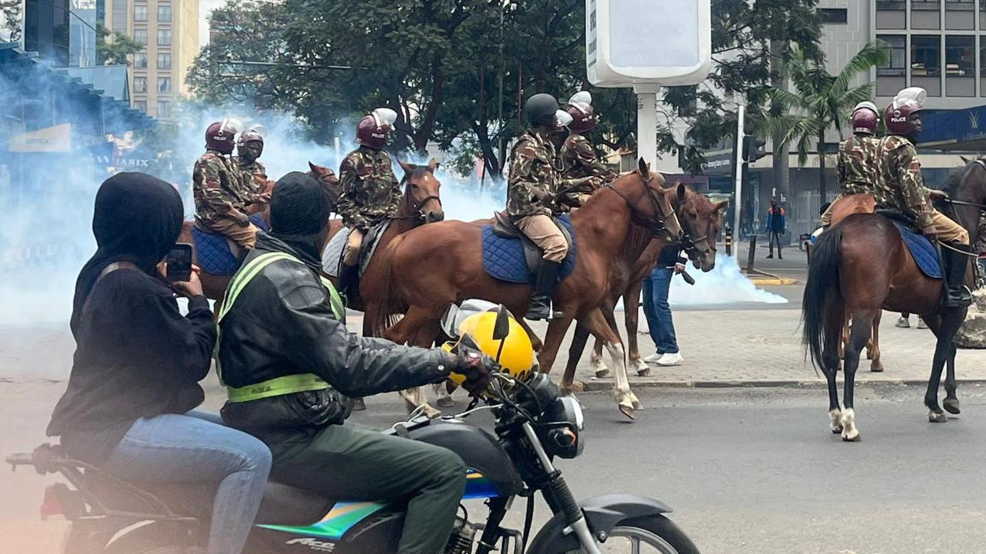 Police on horseback during Kenya anti-tax demonstrations