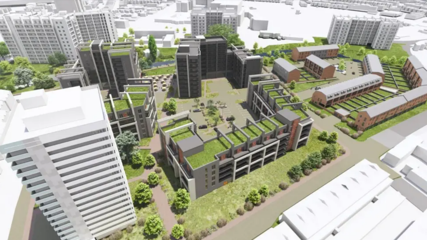 A computer-generated image of a number of buildings, viewed from above. They are connected by pathways and surrounded by patches of grass and trees.
