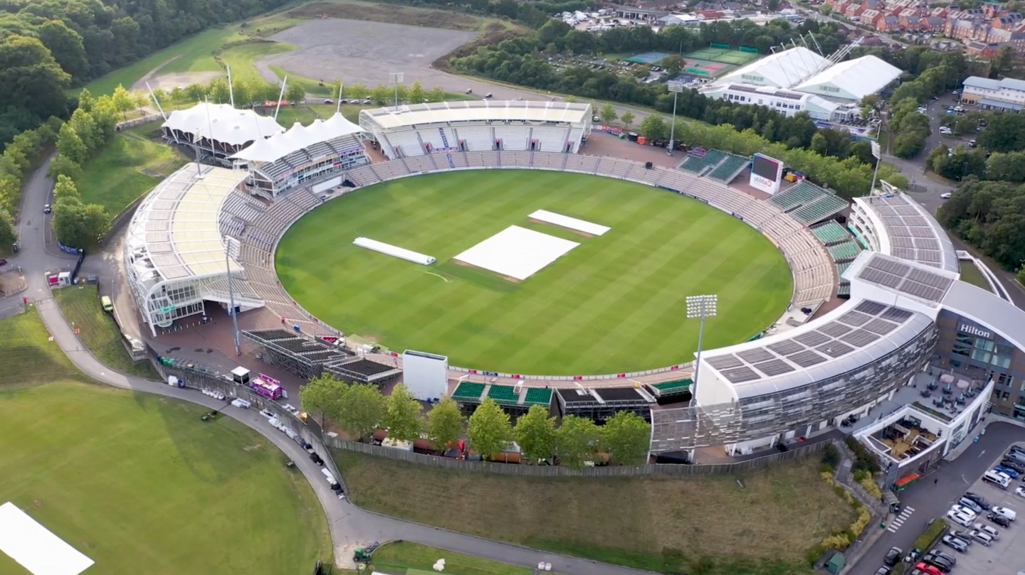 An aerial drone image of the Utilita Bowl in Southampton, which displays the solar panels on the roof