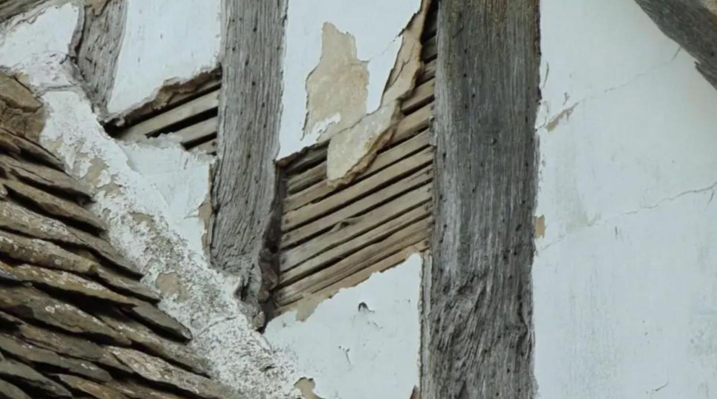 A whitewashed wall with an exposed part showing wooden slats which sit underneath the plaster