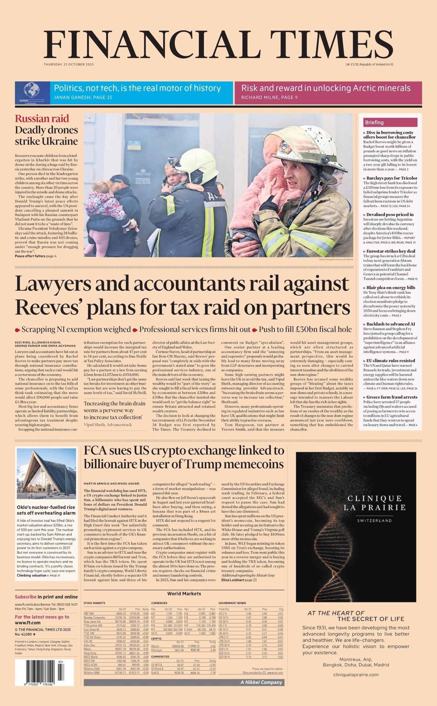 "Lawyers and accountants rail against Reeves' plans for tax raid on partners," reads the headline on the front page of the Financial Times.