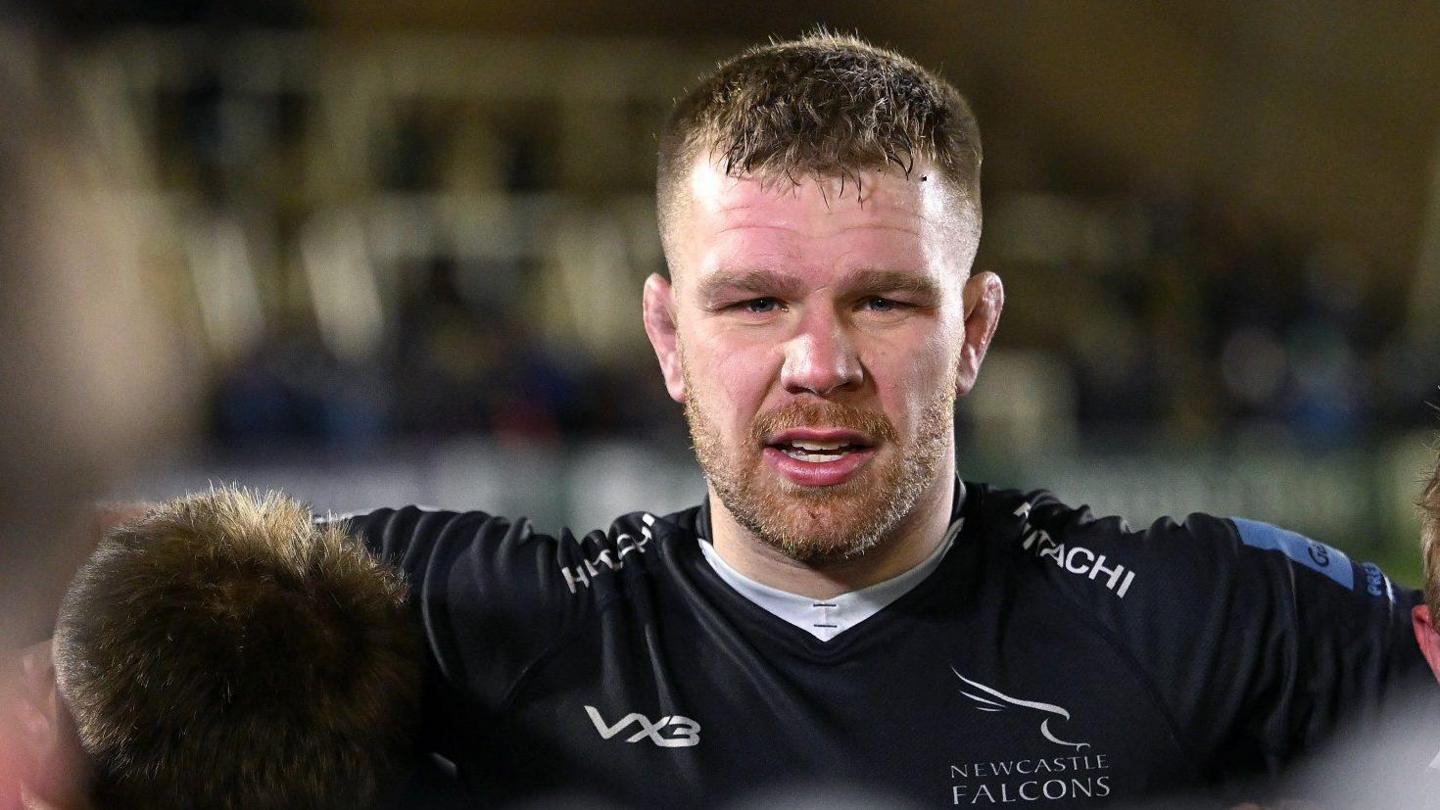 Callum Chick prepares for a scrum with Newcastle Falcons.