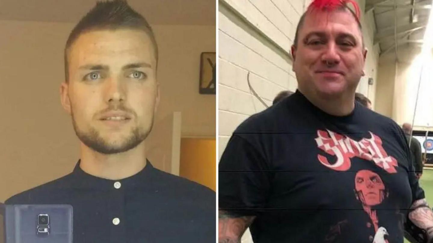 The image is split into two sections, showing Mr Murgeanu and Mr Mercer.
Mr Murgeanu is standing indoors in front of a wall with a doorway visible behind him. He is wearing a dark buttoned shirt with a high collar and holding a smartphone in his hand.
Mr Mercer is in what looks like an indoor sports or recreational facility, with a white brick wall and archery targets visible in the background. He is wearing a black T-shirt with the word “Ghost” printed in bold red letters across the chest, along with a graphic design below it. His arms are tattooed, and his hair is bright red.