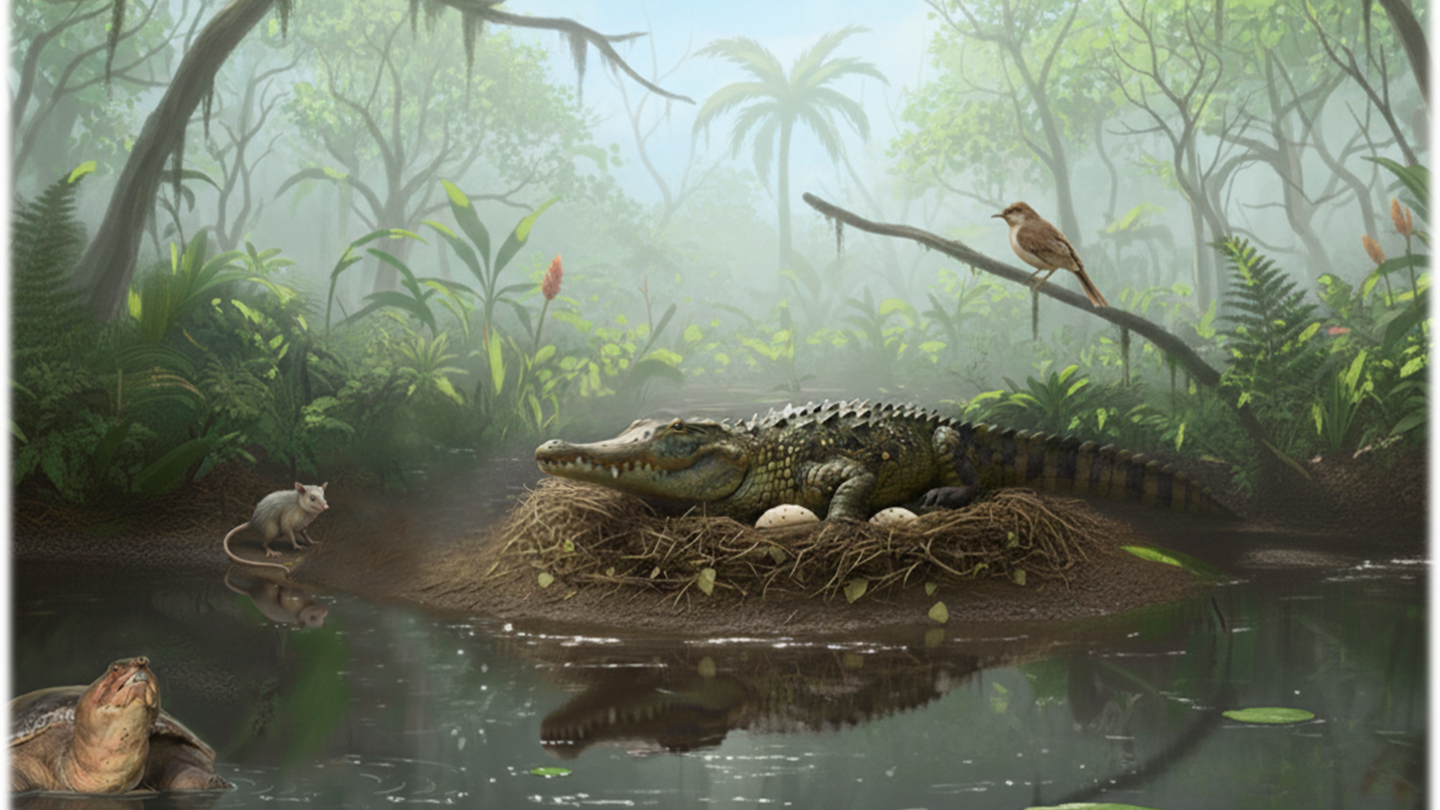 An AI-generated reconstruction of a 'drop croc', or mekosuchine crocodile, on top of a nest containing eggs on the bank of a pond in a forest with other animals seen around it.