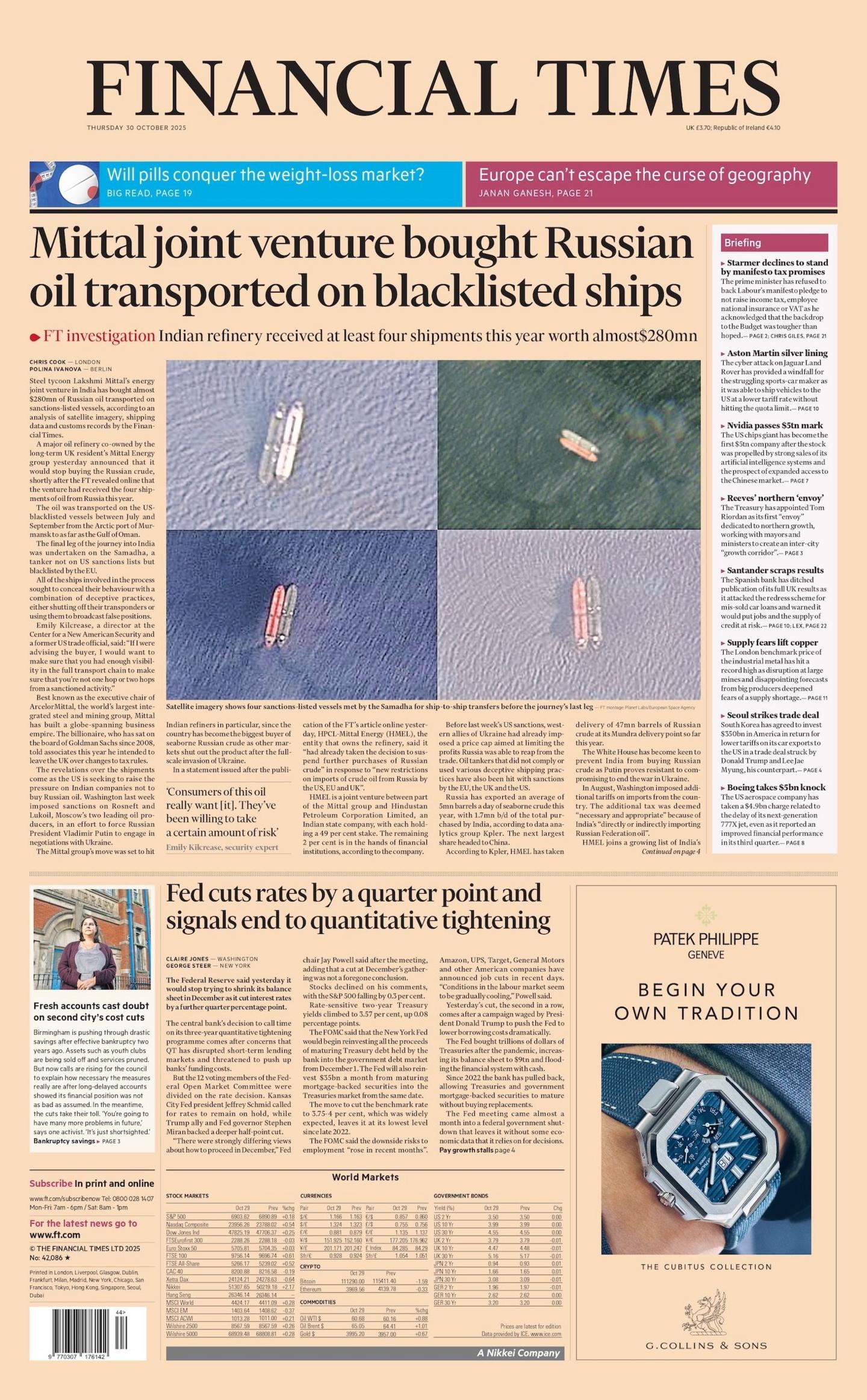 "Mittal joint venture bought Russian oil transported on blacklisted ships" reads the headline on the front page of the Financial Times.
