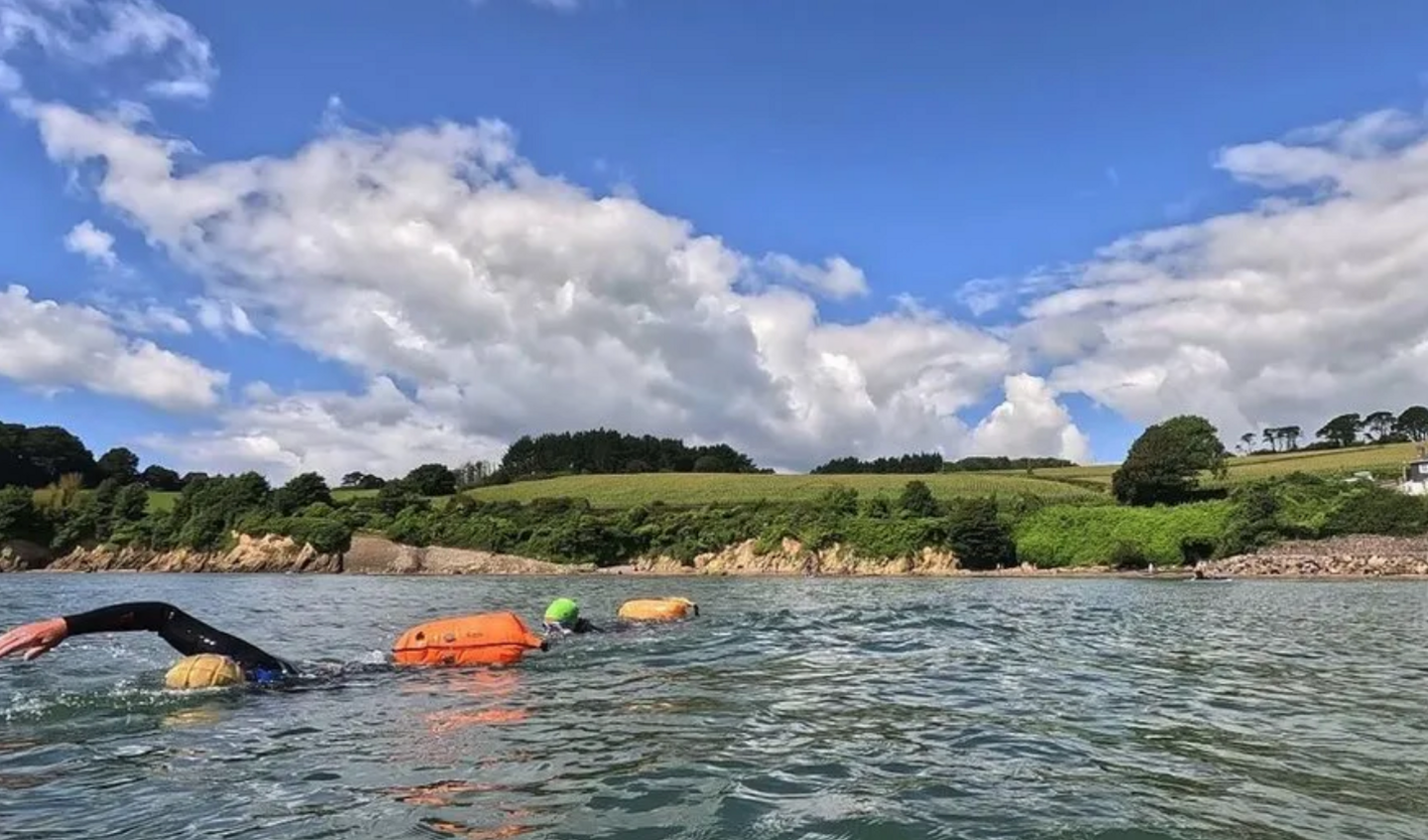 A view of Coastguards Beach from the water, which also has swimmers in it