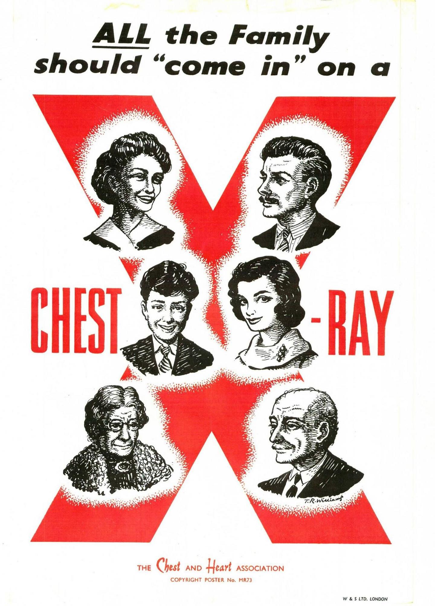 A poster from 1957 urging people to get screened for TB with the slogan 'all the family should come in an chest x-ray"