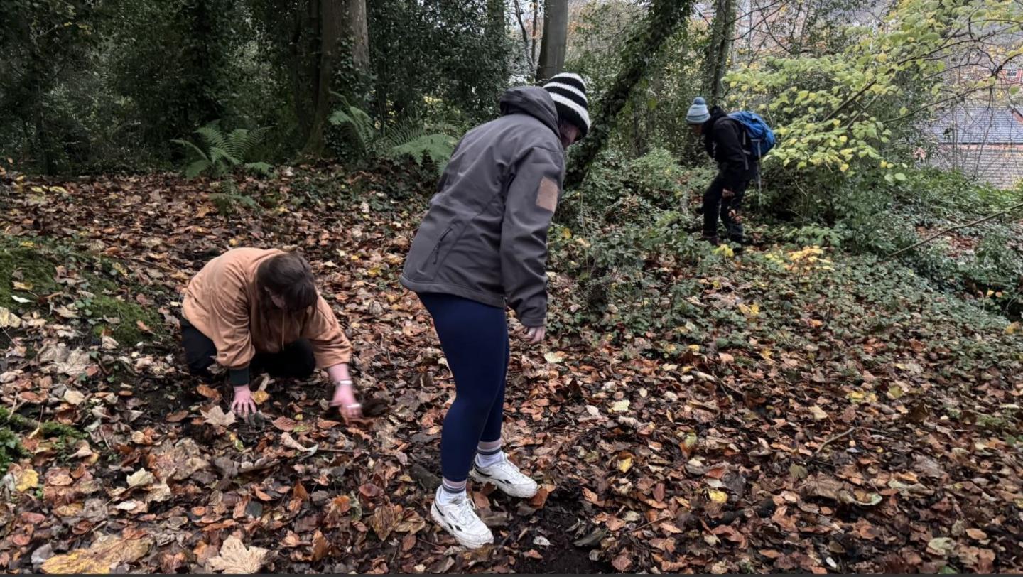 People earthworm sampling in Colin Glen. There is someone on the left in a brown top with brown hair, a person in a grey jacket with blue jeans and black and white striped hat in the centre and someone in black clothing in the distance, far right, with blue bag on their back. They are hunting among leaves.