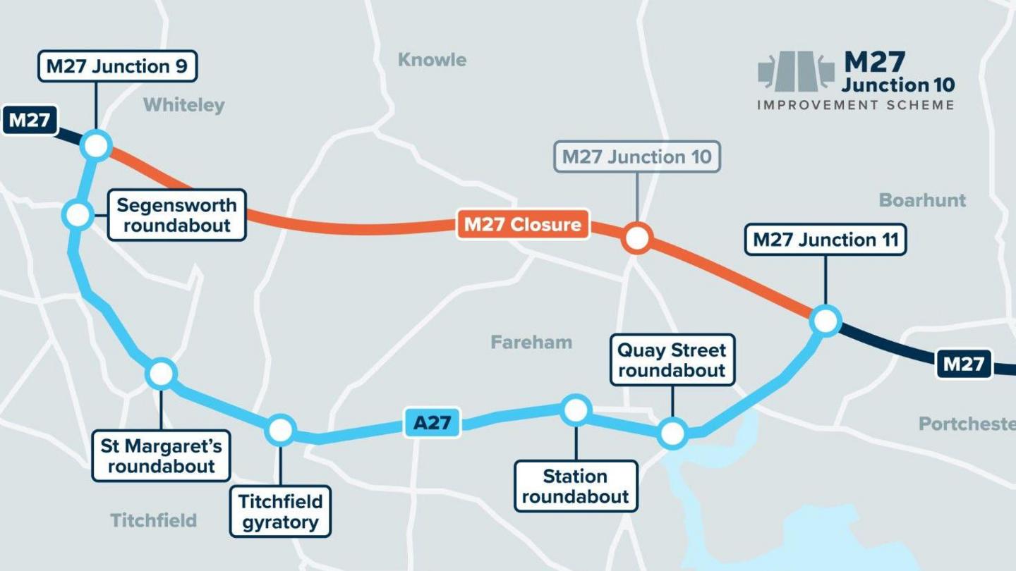 Map graphic showing a diversion route with place names.
