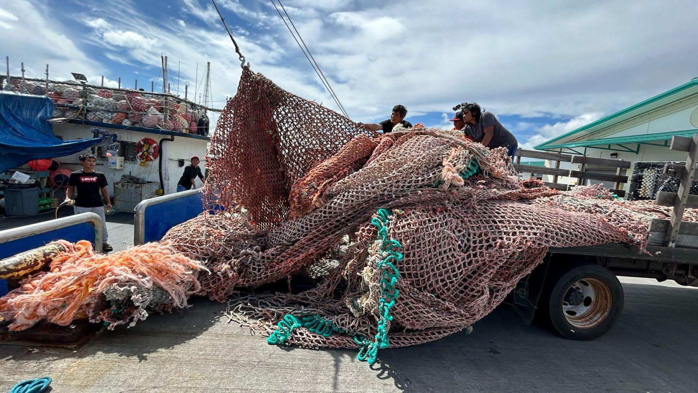 Old plastic fishing nets pulled out of the Pacific Ocean