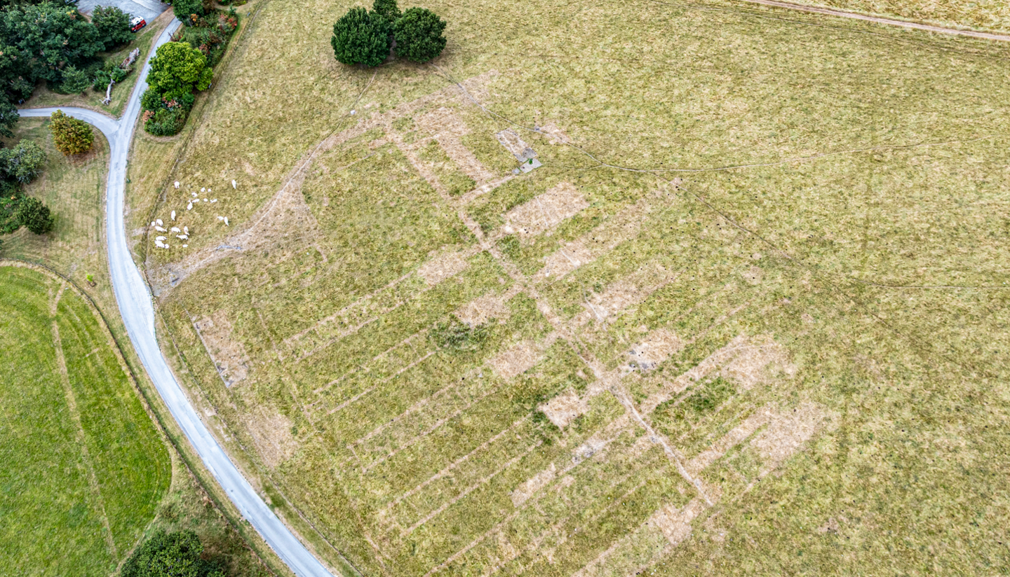 The parched ground shows the outline of a series of Nissen huts in a field in this aerial photo, with a lane leading off them onto a road.