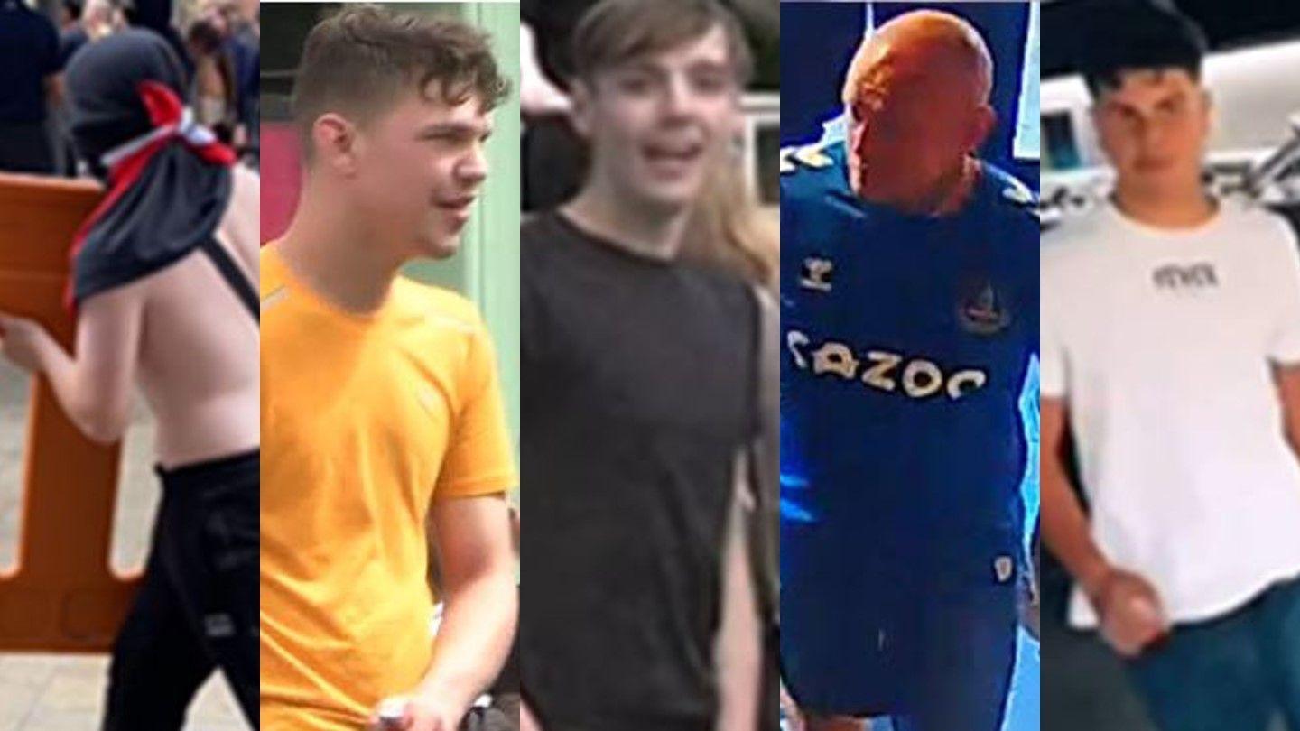 CCTV images of five men related to disorder in Hull. One has a blue top around his face, another wearing a yellow shirt, one man has a black t-shirt with short hair, while another man, with a bald head, is wearing blue shorts with a blue Everton football shirt. A fifth man with short black hair is wearing a white t-shirt