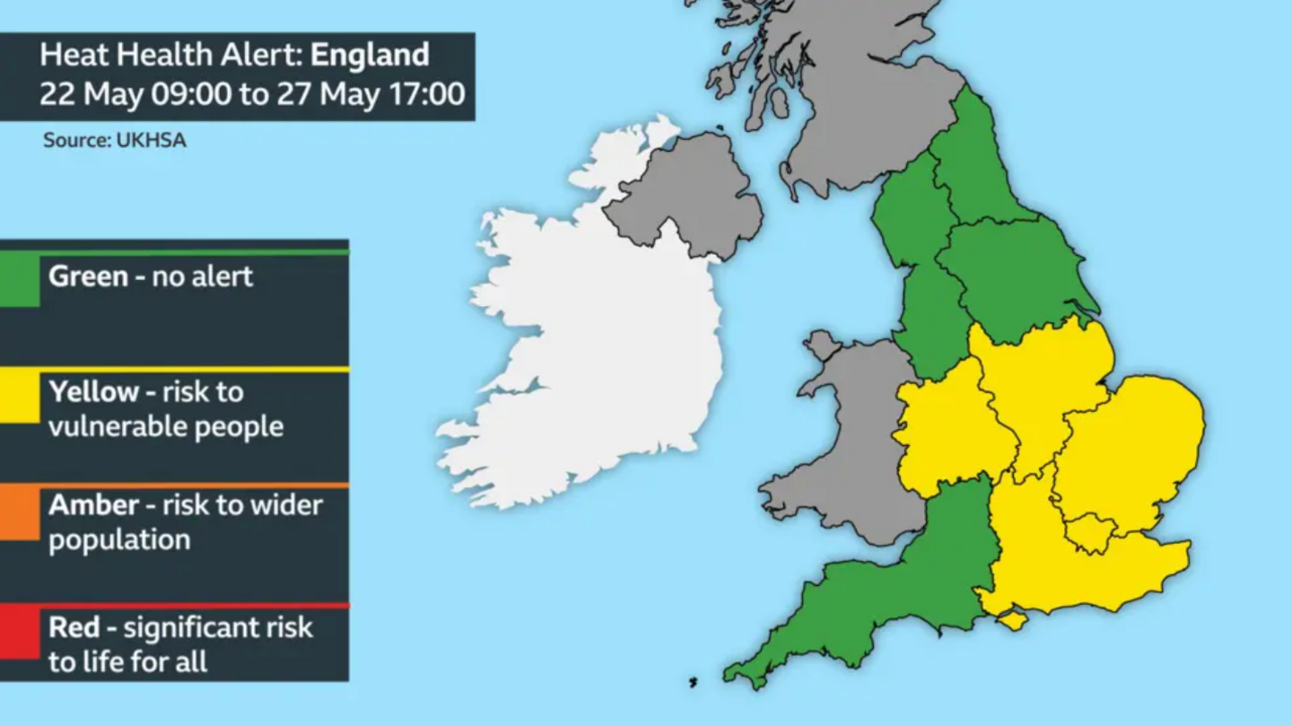 map of England and Wales with the west and east Midlands, East Anglia and south-east England highlighted in Yellow where there is heat-health alert in force from 22 May 0900 to 27 May 1700.  Yellow means there is a risk to vulnerable people