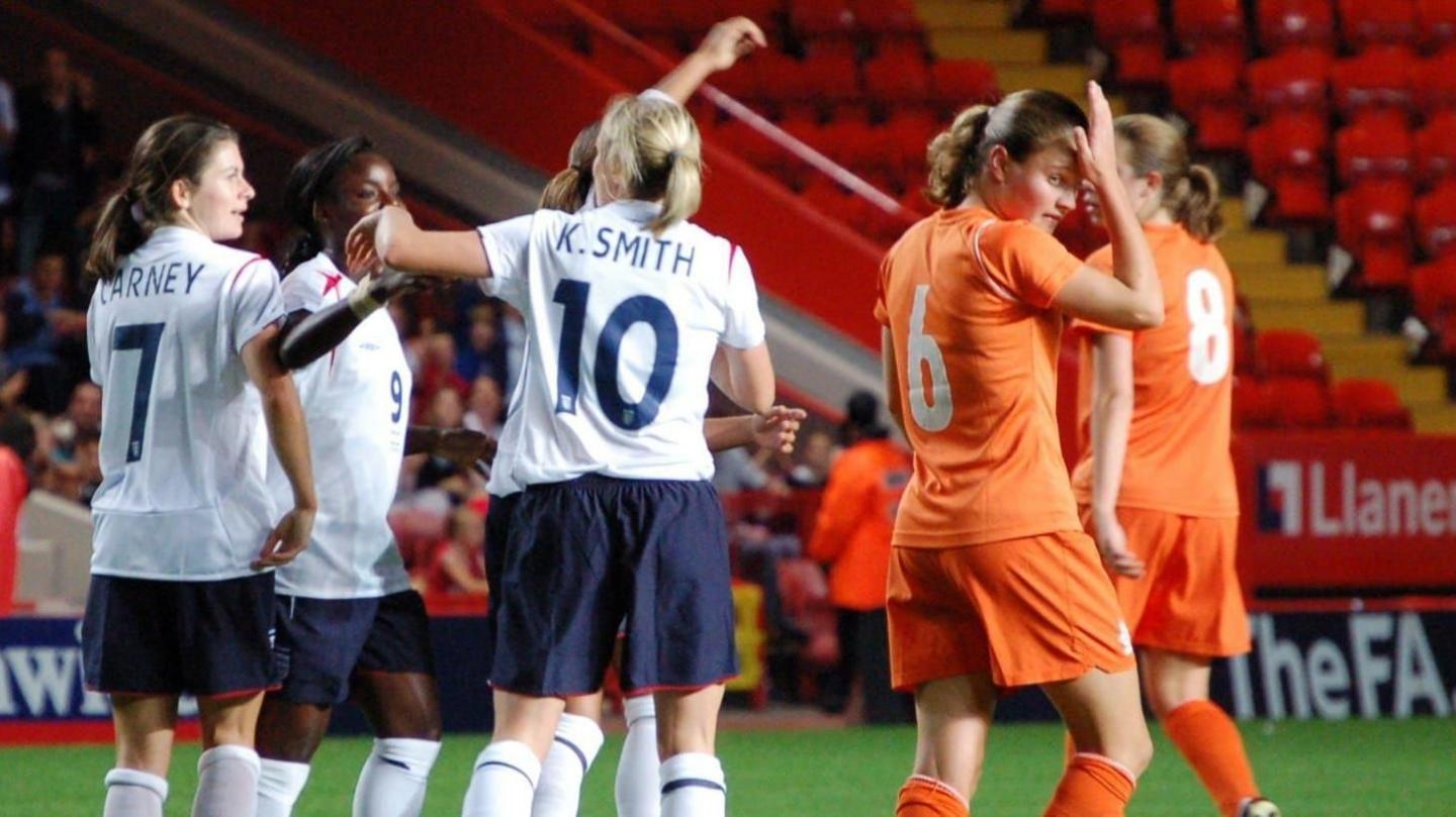 Sherida Spitse (right) making her international debut against England in 2006