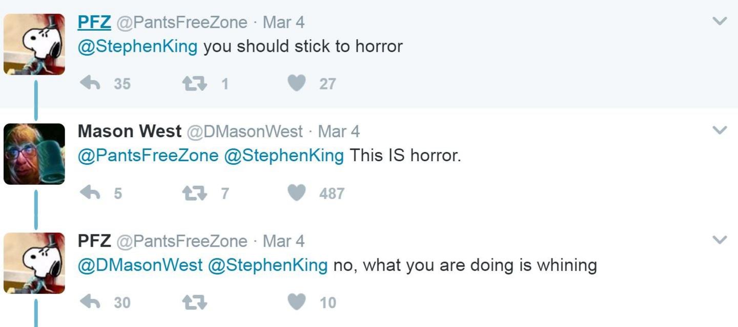 Screengrab of Twitter conversation between @PantsFreeZone and @DMasonWest