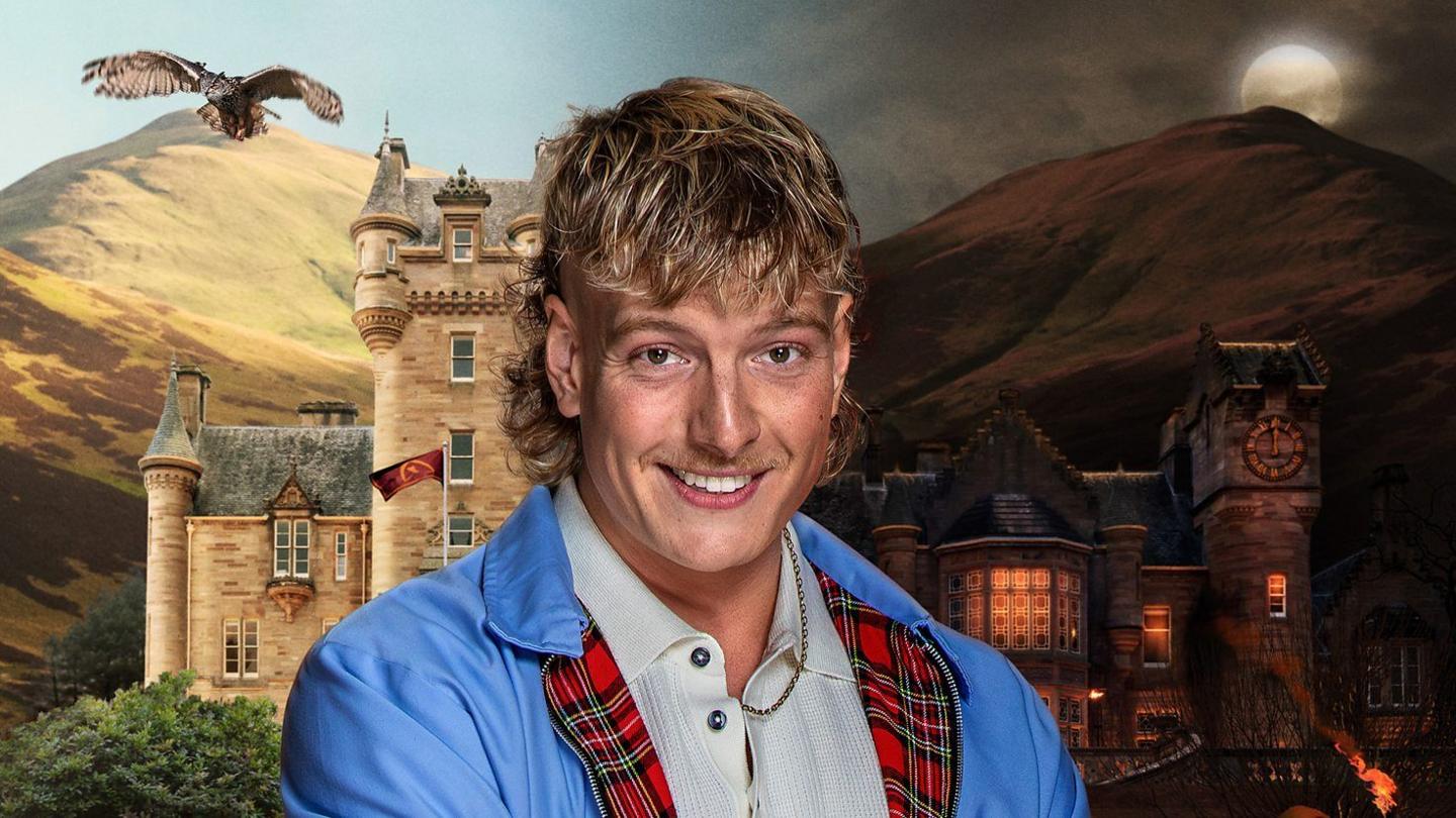 A smiling Jack Marriner Brown pictured in front of a mocked-up image of the castle from The Traitors. He has blonde hair in a mullet style and is wearing a blue jacket with a tartan pattern inside and a white shirt.