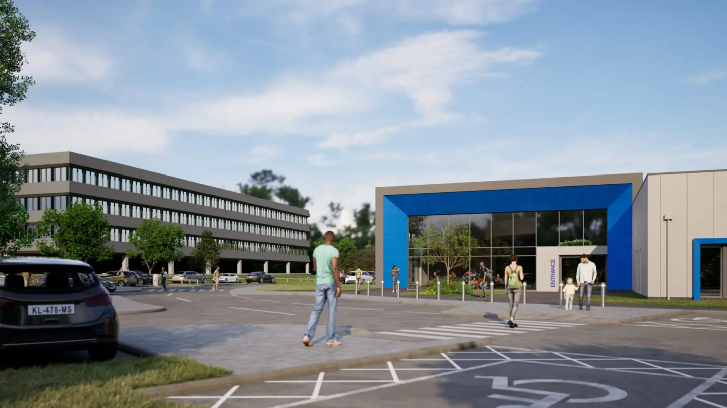 Mock-up of what Thorpe Wood hospital would look like, showing a car park and single-storey hospital building