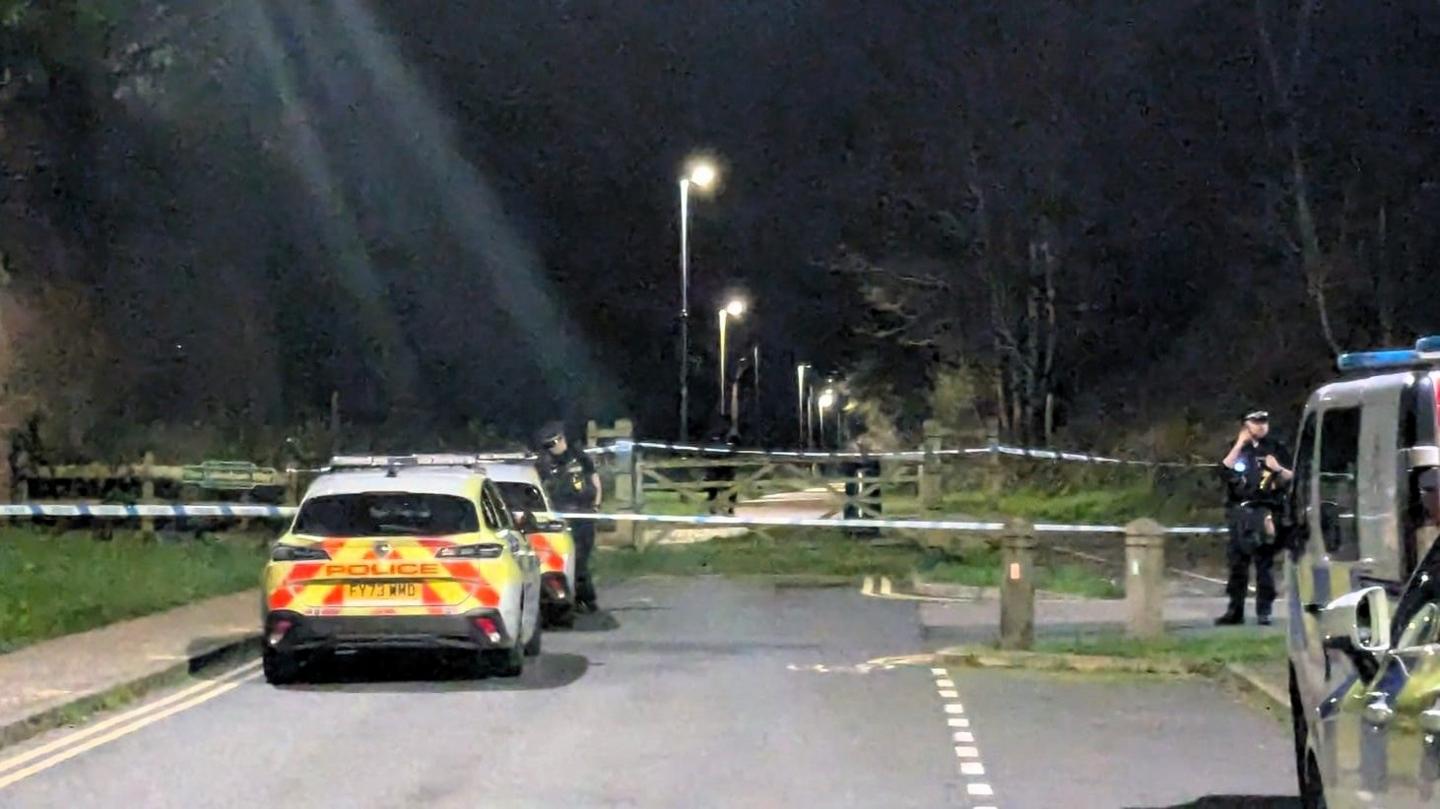 Three police cars and a police van parked on either side of an empty road. Police officers and a cordon can be seen in the distance