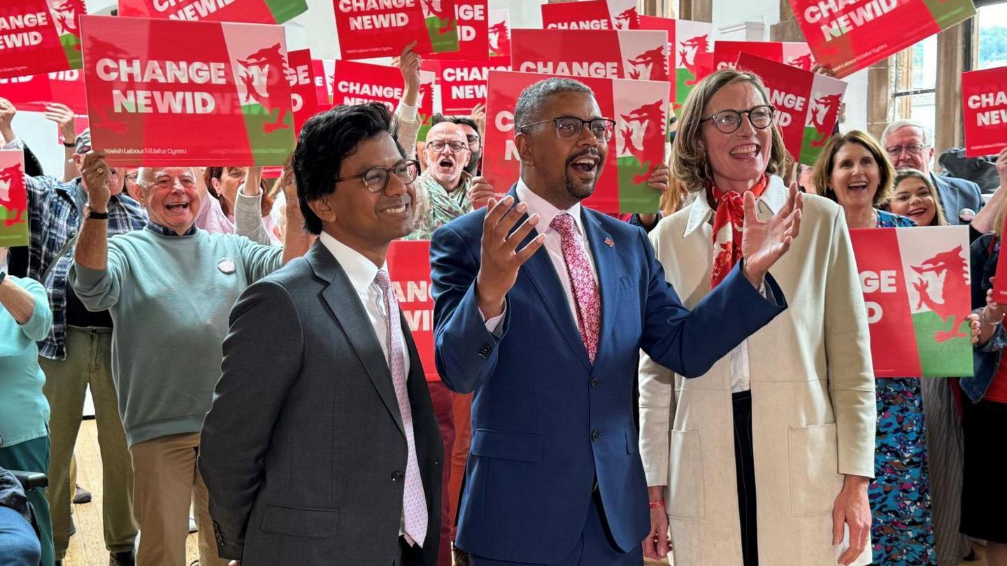 Mr Narayan with Wales' first minister Vaughan Gething and the new Monmouthshire MP Catherine Fookes