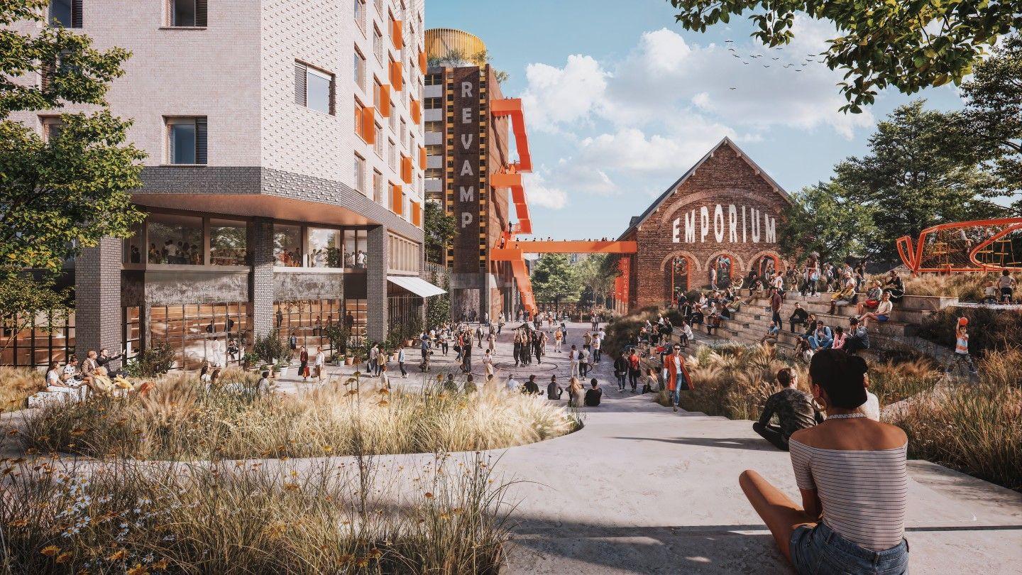 A computer generated image of people sitting an open piazza area with buildings in front of them.